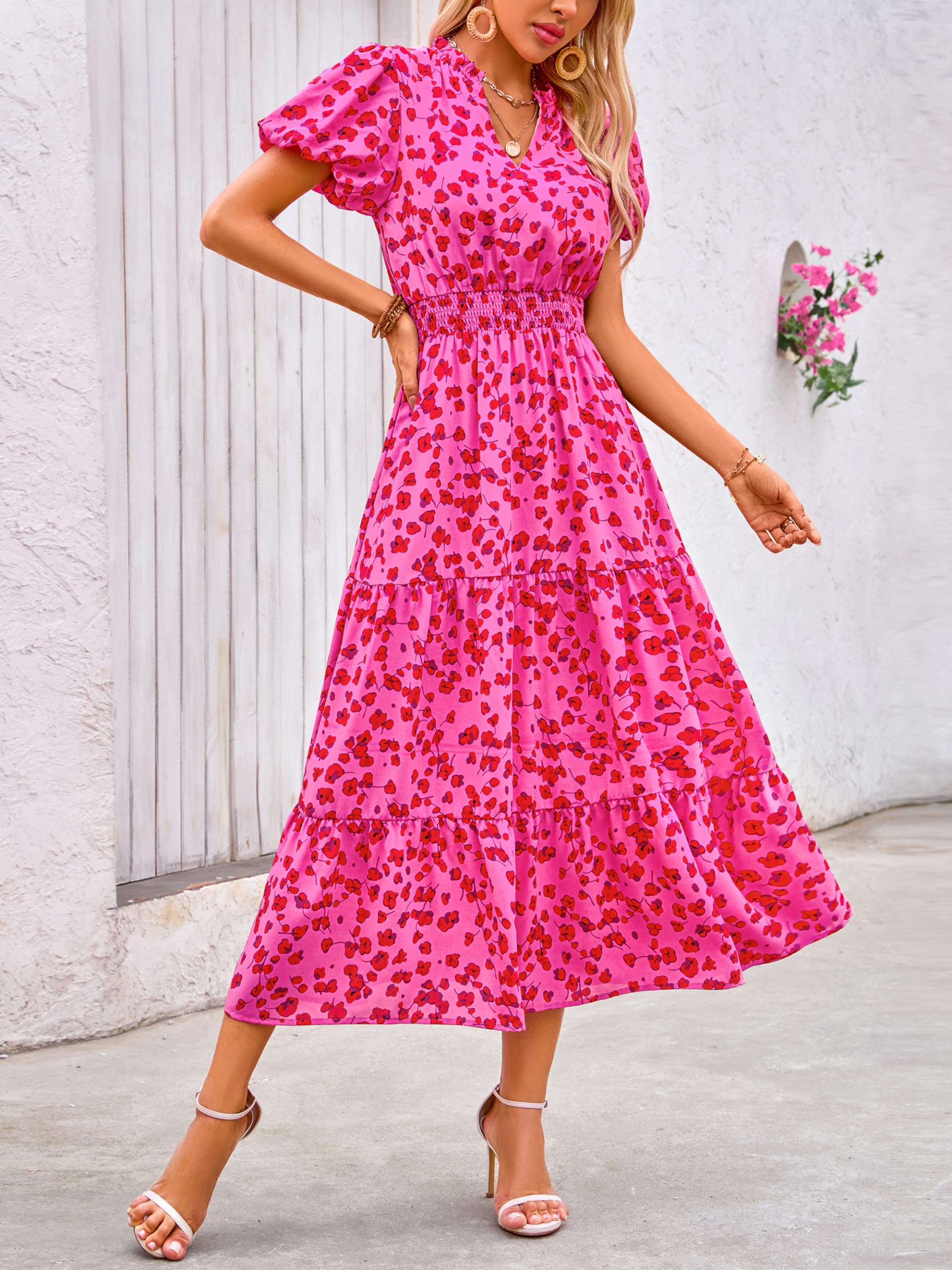 PRETTYGARDEN Summer Maxi Dresses for Women  Casual V Neck Puff Short Sleeve Smocked Flowy Beach Boho Long Floral Dress