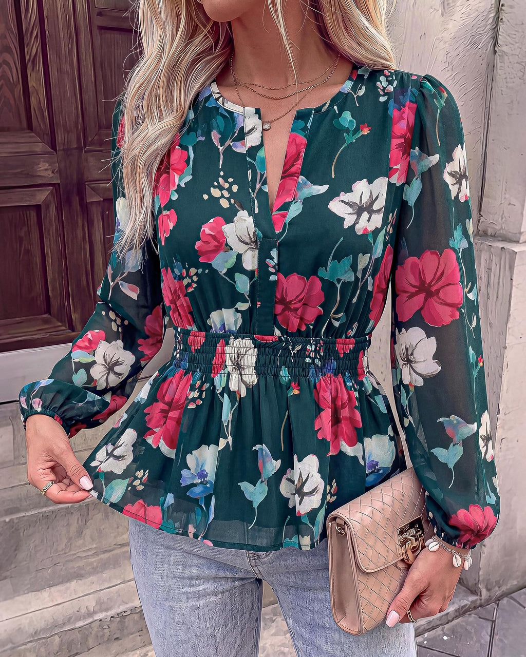 BTFBM Womens Tops Dressy Casual Floral V Neck Long Sleeve Chiffon Shirts | Chiffon Lantern Sleeve Flowy Peplum Sheer Top,Elastic Waist Babydoll Blouses,Boho Vacation Outfits,Fall Fashion Clothing