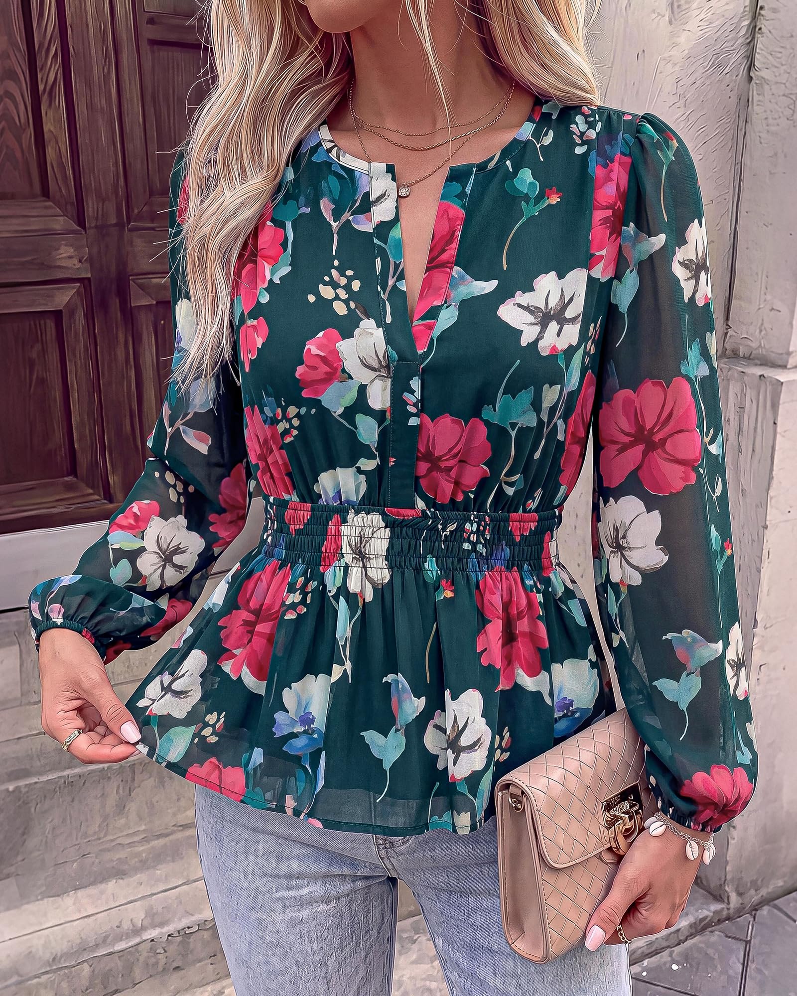 BTFBM Womens Tops Dressy Casual Floral V Neck Long Sleeve Chiffon Shirts | Chiffon Lantern Sleeve Flowy Peplum Sheer Top,Elastic Waist Babydoll Blouses,Boho Vacation Outfits,Fall Fashion Clothing