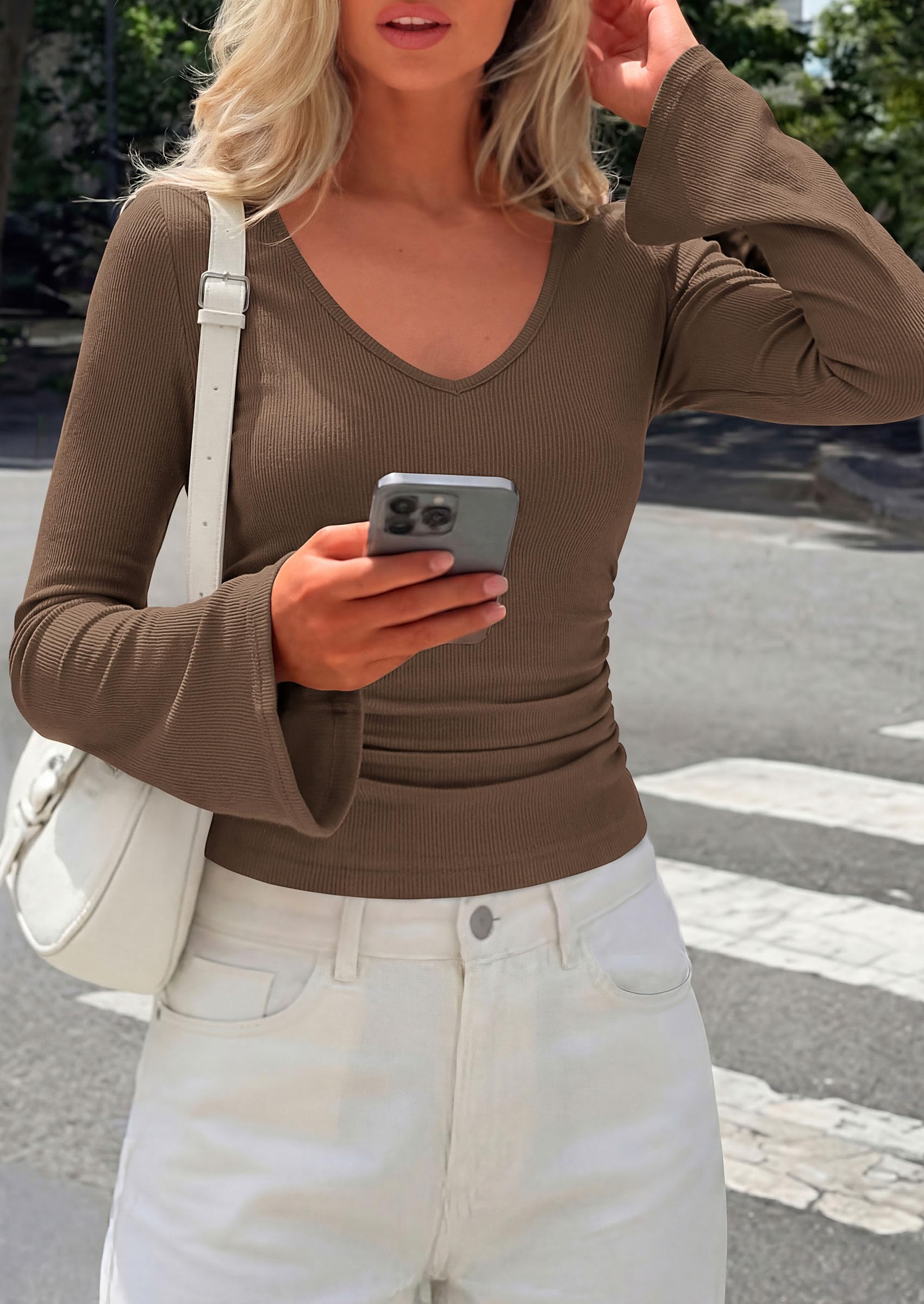 PRETTYGARDEN Women's Fall Trendy Bell Long Sleeve Tops | Soft Stretchy,Ribbed Textured,V Neck,Slim Fitted Shirts,Ruched Basic Tees,Y2K Going Out,Casual Outfits,Fashion Clothing