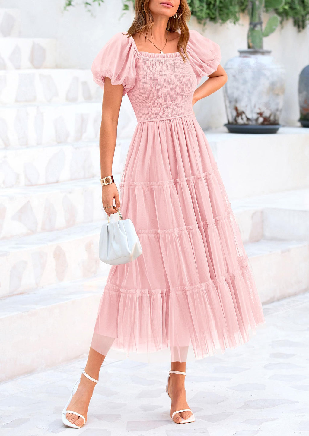 PRETTYGARDEN Women's Smocked Midi Tulle Dress  Summer Puffy Short Sleeve Square Neck Ruffle Wedding Guest Party Dresses