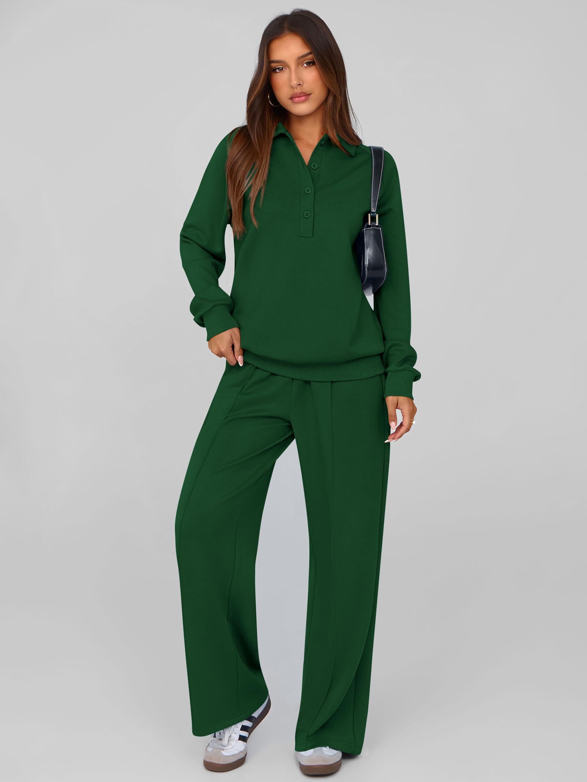 PRETTYGARDEN Women Fall 2 Piece Outfits Sweatsuits Lounge Sets Quarter Button Long Sleeve Sweatshirt, Wide Leg Sweat Pants, Casual 2 Piece Sets Tracksuit, Airport Travel Outfits for Women