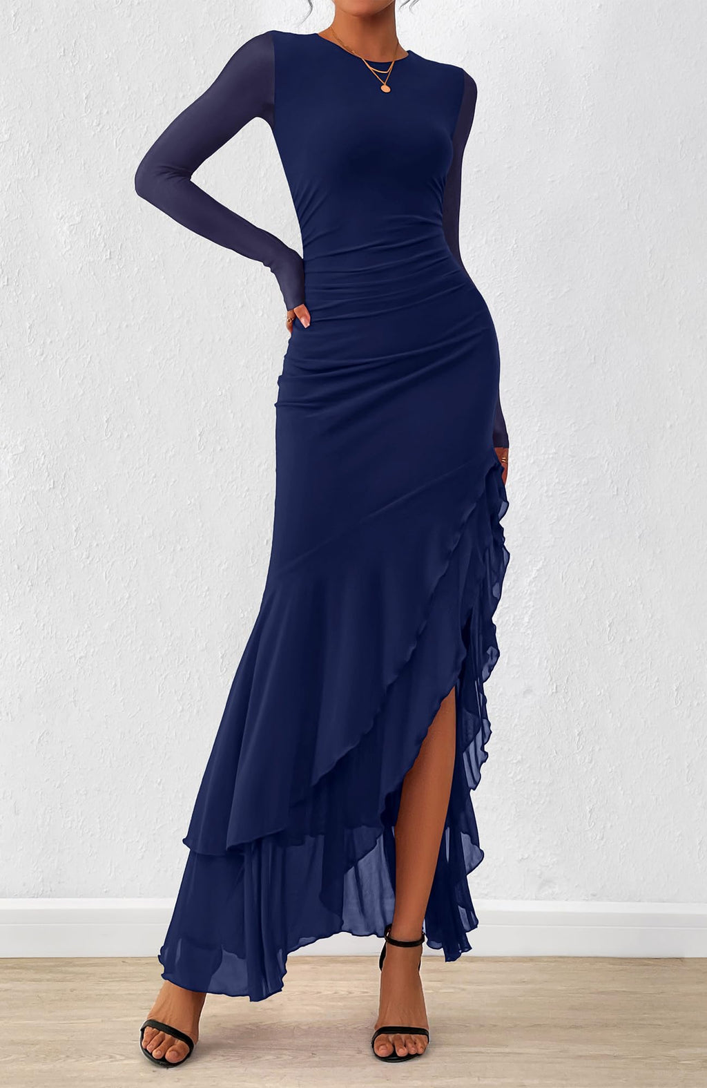 BTFBM Women's Maxi Dresses Fall Long Sleeve Wedding Guest Dress Mesh,Ruched,Bodycon,High Split,Solid Color,Ruffle, Mermaid,Cocktail Dresses,Prom,Party,Homecoming Dress,Fall Outfits