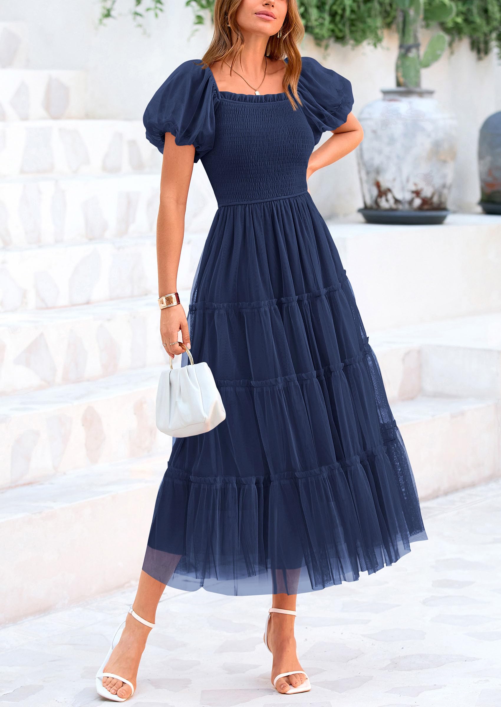 PRETTYGARDEN Women's Smocked Midi Tulle Dress  Summer Puffy Short Sleeve Square Neck Ruffle Wedding Guest Party Dresses