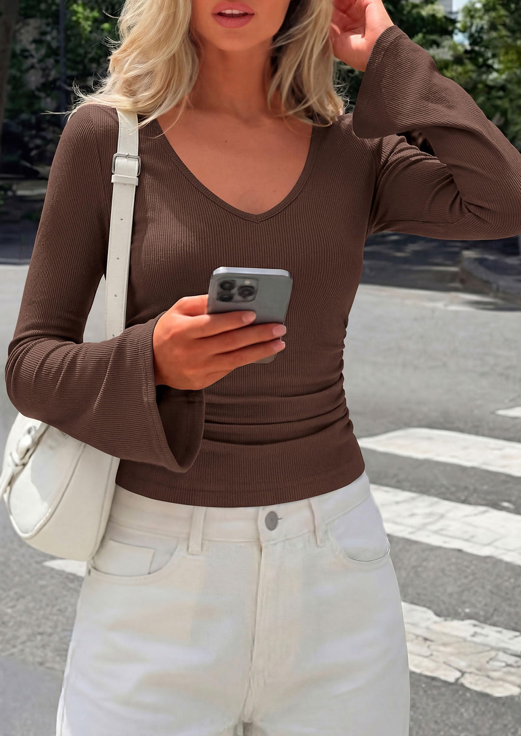 PRETTYGARDEN Women's Fall Trendy Bell Long Sleeve Tops | Soft Stretchy,Ribbed Textured,V Neck,Slim Fitted Shirts,Ruched Basic Tees,Y2K Going Out,Casual Outfits,Fashion Clothing