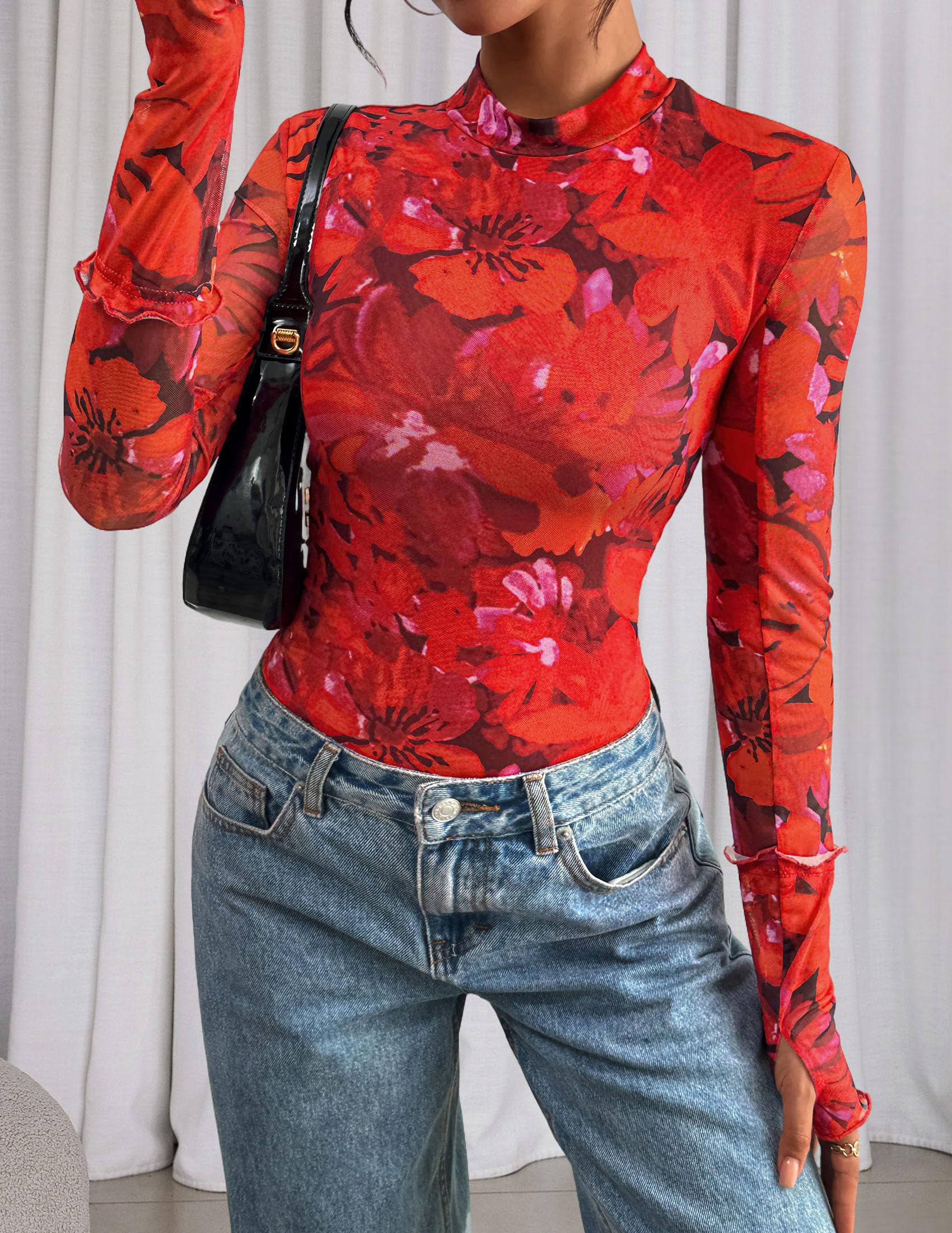 PRETTYGARDEN Womens Fall Mesh Floral Blouses Long Sleeve Going Out Tops Slim Fitted Shirts Date Night Outfits