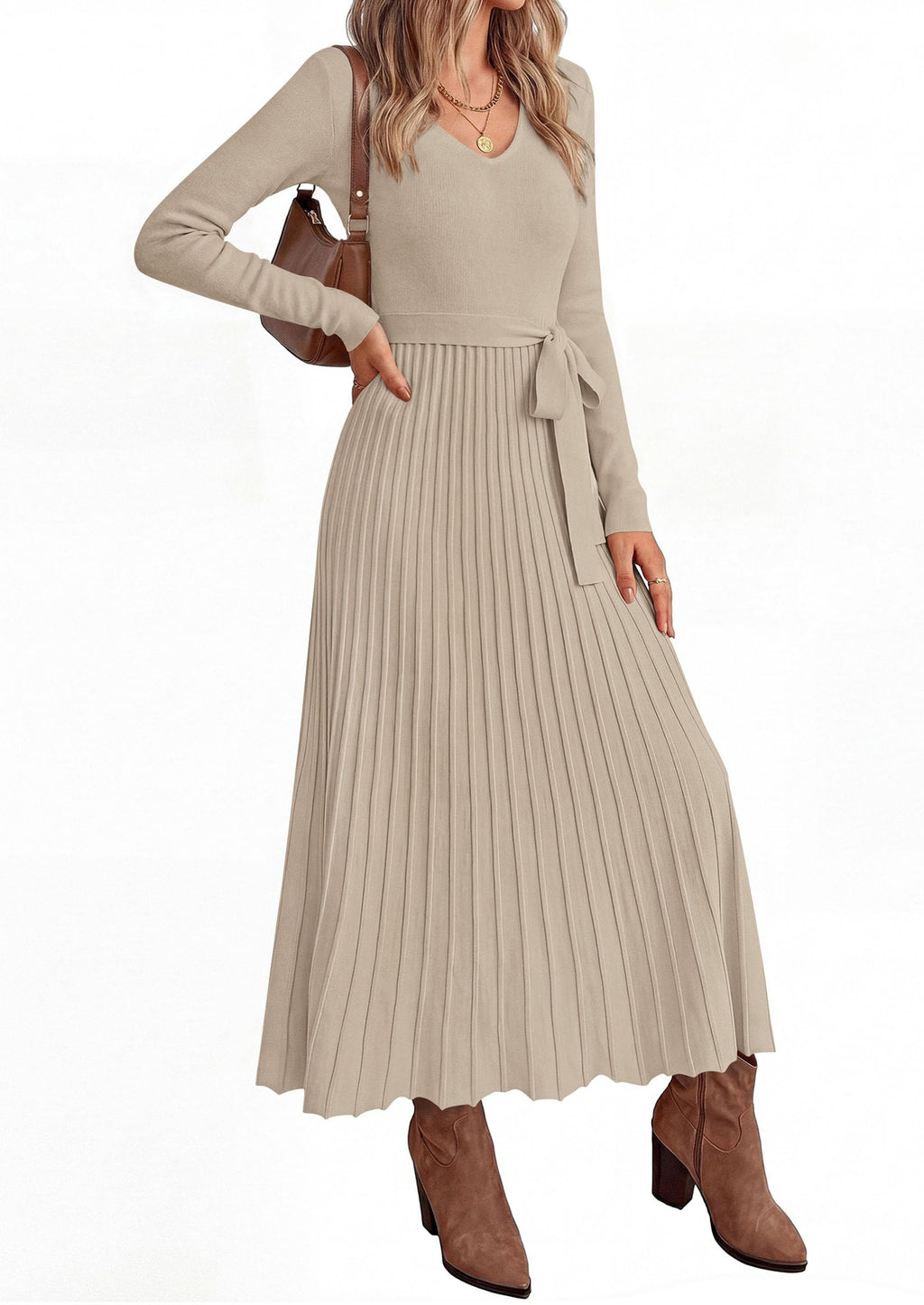 PRETTYGARDEN Womens Fall Maxi Long Sleeve Sweater Dress Soft Stretchy Knit, V Neck A Line Dresses with Bow, Flowy Pleated Hem, Cocktail Party Outfits, Trendy Winter Clothes