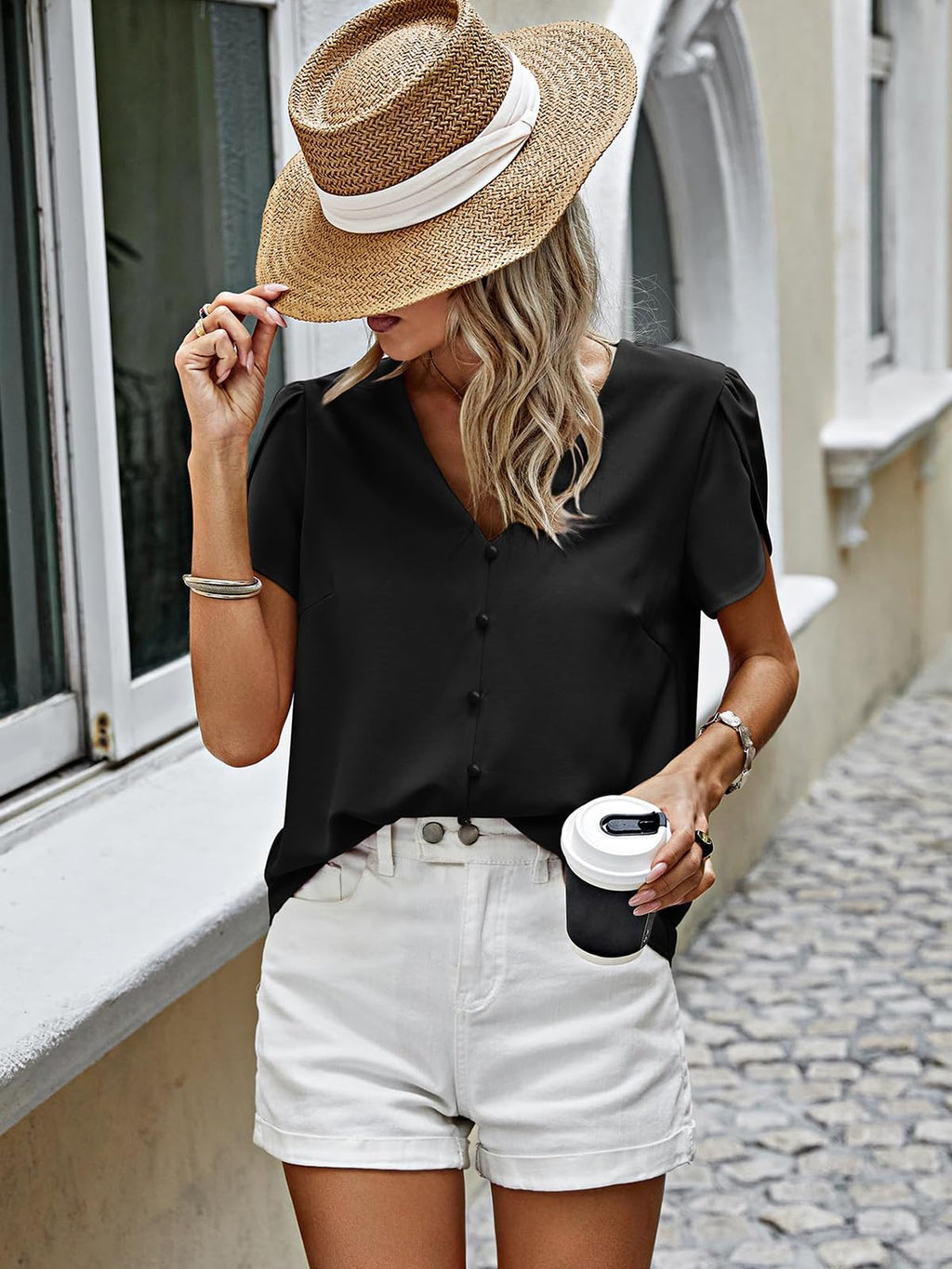 PRETTYGARDEN Short Sleeve Tops for Women Summer Spring Western Chiffon Blouses Dressy Casual Work Pearl Shirts