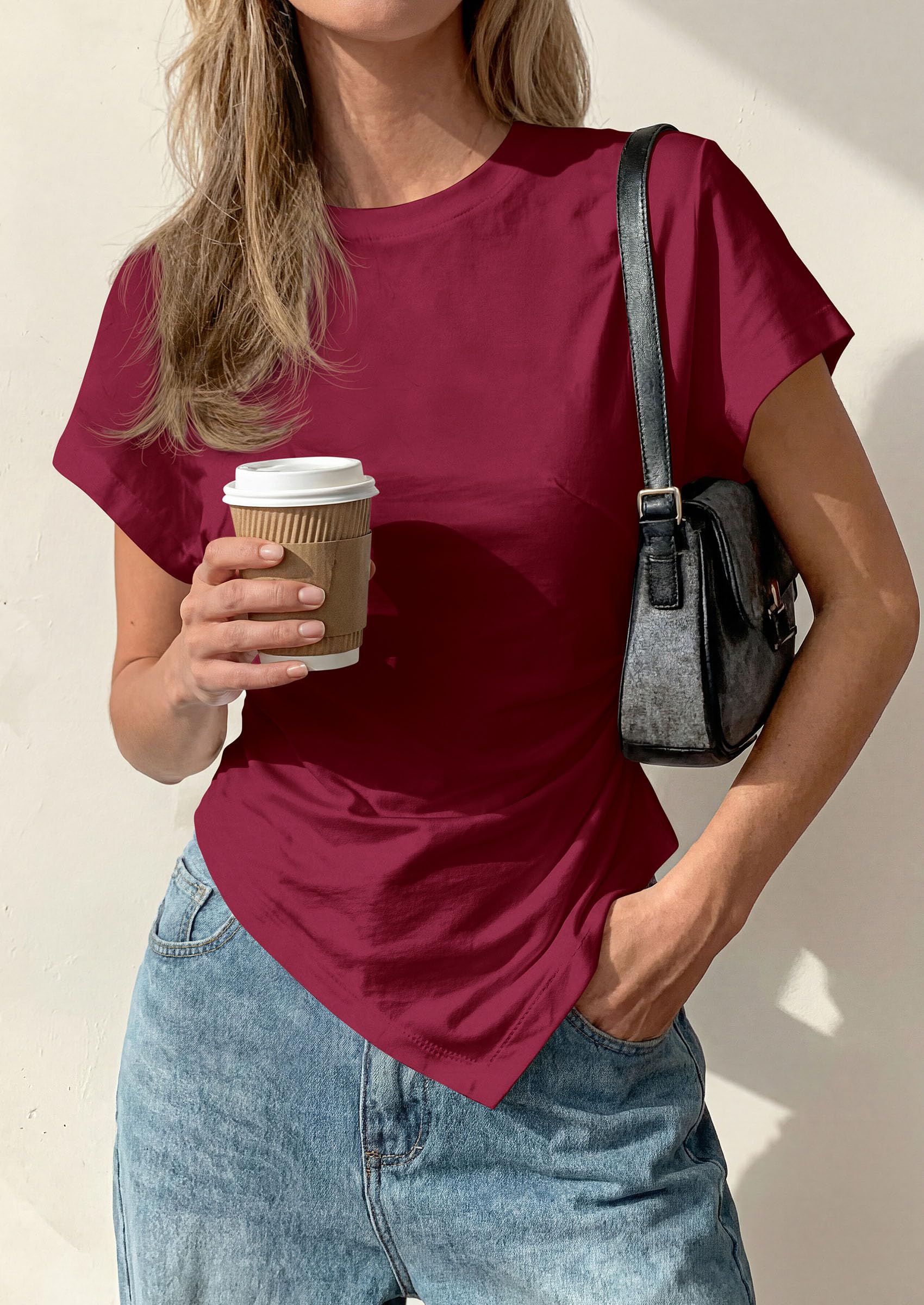 PRETTYGARDEN Womens Short Sleeve Crew Neck Trendy Shirts Spring Summer Y2K Going Out Tops Asymmetrical Ruched Blouse