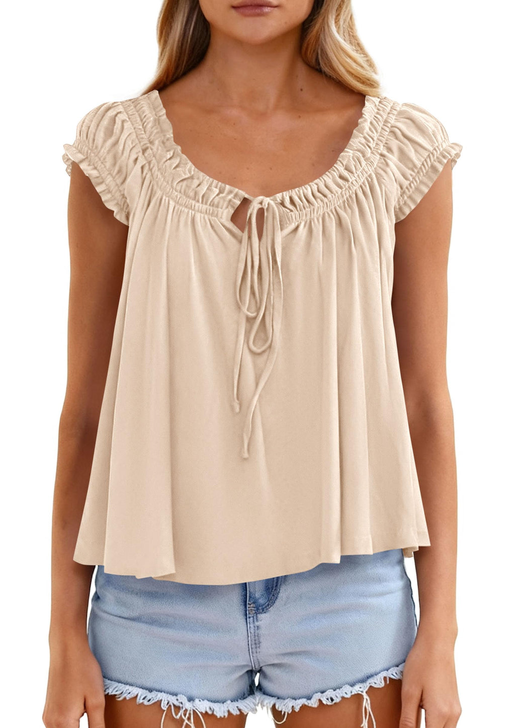 PRETTYGARDEN Women Babydoll Tops Summer Clothes Cap Sleeve Tie Front Flowy Tank Top Peplum Blouses Cute Going Out Shirts