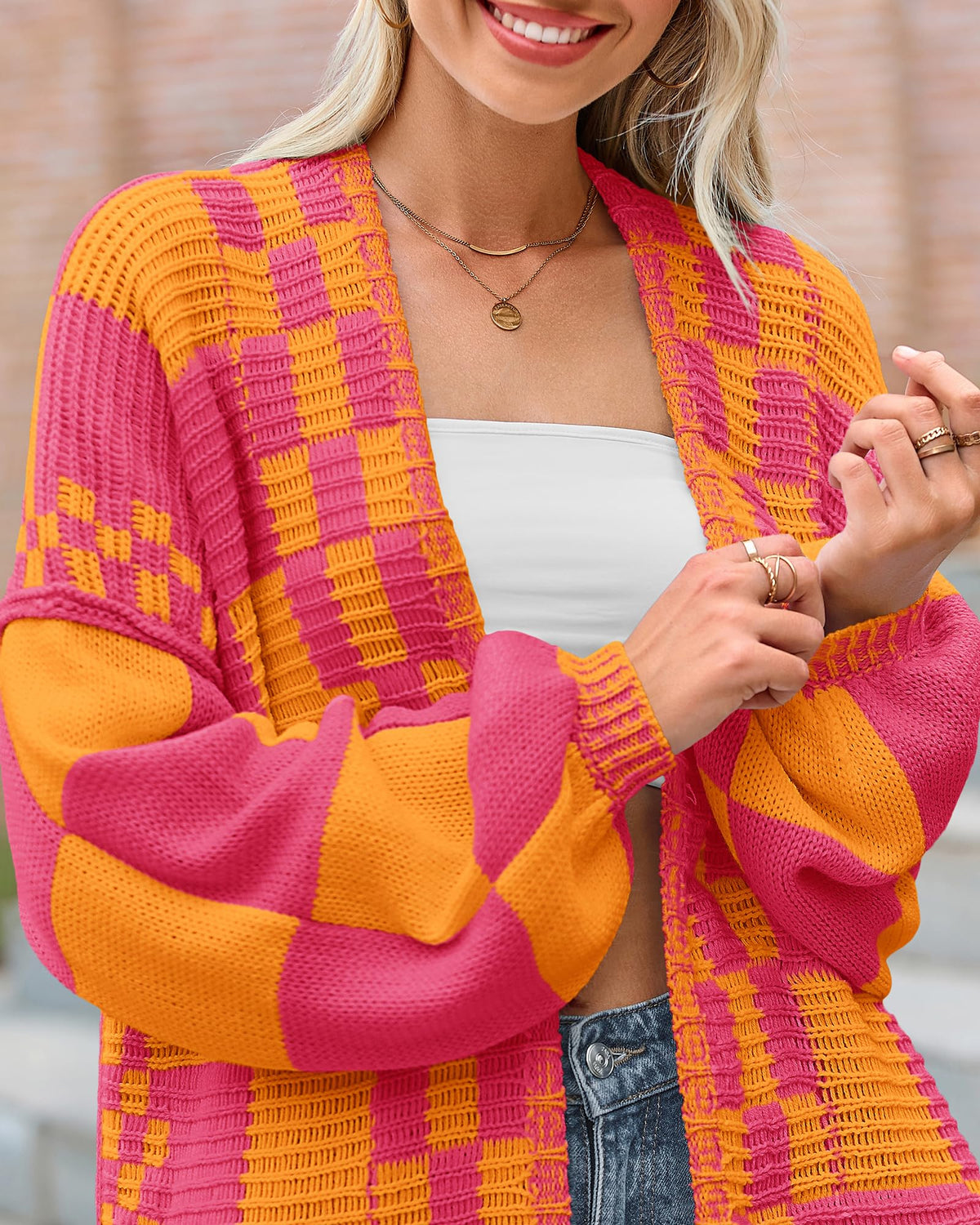 BTFBM Casual Cardigan Sweater for Women Fall Long Sleeve Sweaters Fall Outfits, Loose Fit,Solid,Open Front Chunky Knit Sweaters,Chunky Cardigan Sweaters For Women,Checkered Outwear Coat