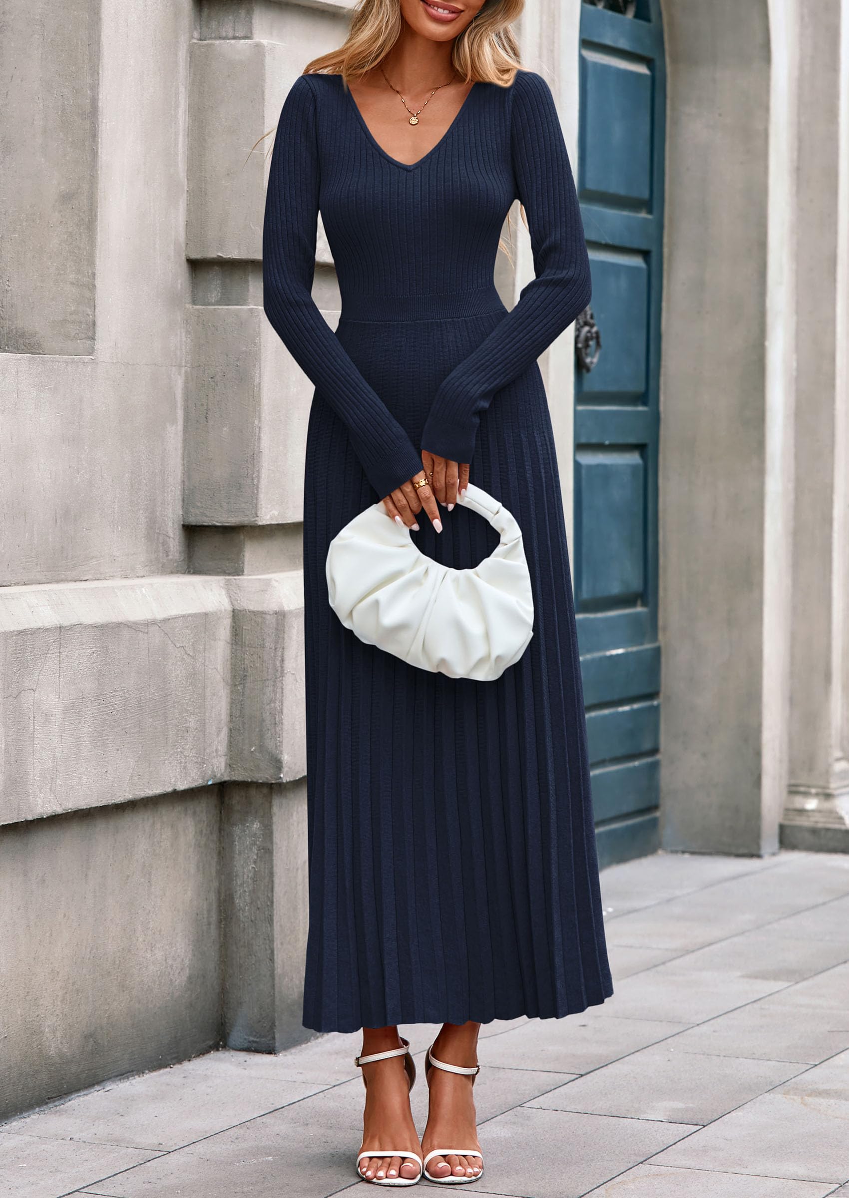 PRETTYGARDEN Women Sweater Dress Fall Fashion Long Sleeve V Neck Ribbed Knit Pleated A Line Elegant Maxi Winter Dresses