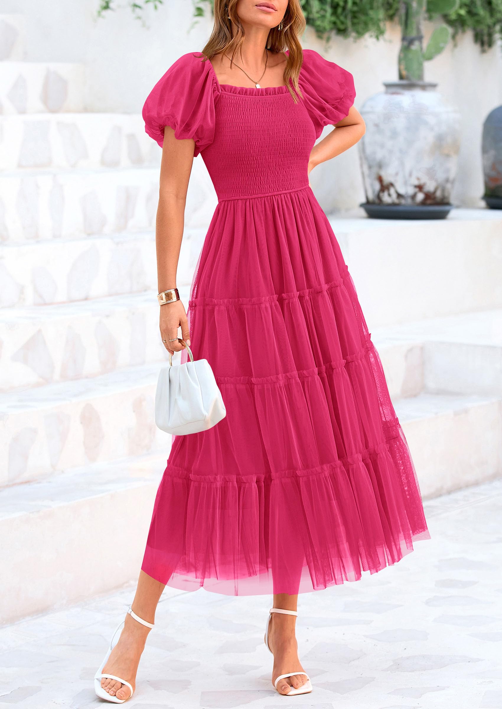 PRETTYGARDEN Women's Smocked Midi Tulle Dress  Summer Puffy Short Sleeve Square Neck Ruffle Wedding Guest Party Dresses