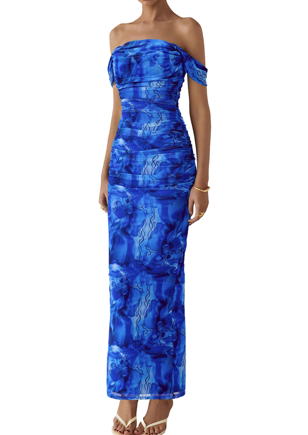 PRETTYGARDEN Cocktail Dresses for Women Summer Floral Off Shoulder Ruched Mesh Elegant Wedding Guest Maxi Dress