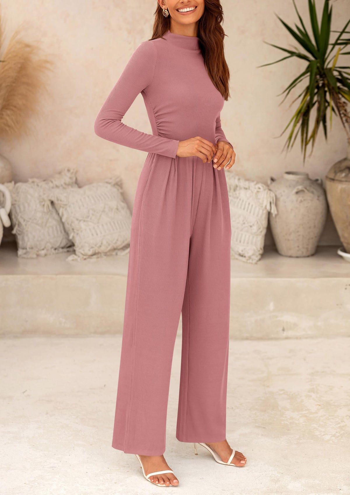 PRETTYGARDEN Womens Jumpsuit Dressy Casual Spring Fall Fashion One Piece Outfits Long Sleeve Mock Neck Wide Leg Pants Rompers