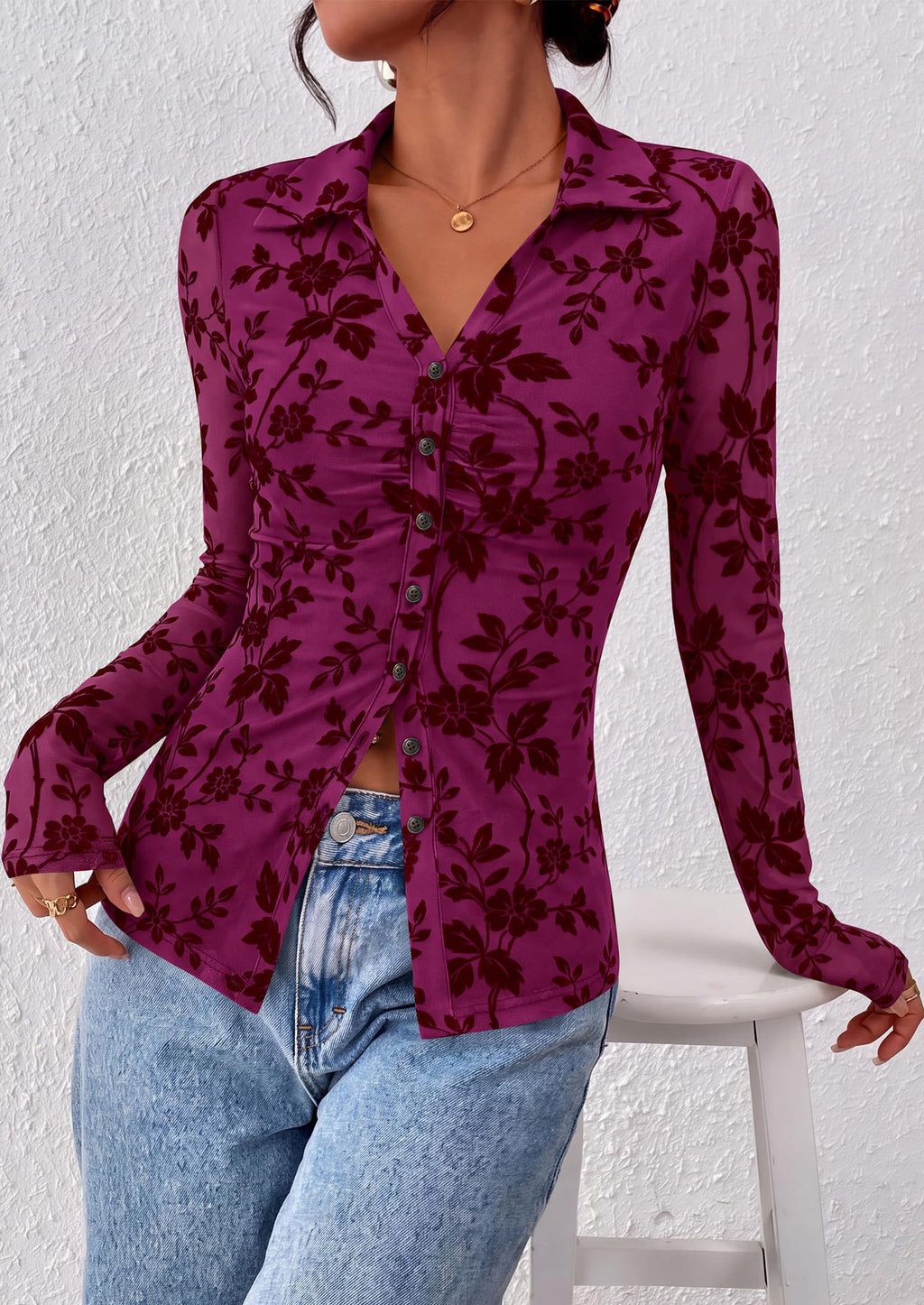 PRETTYGARDEN Women's Long Sleeve Floral Mesh Boho Tops Button Down Shirts Fall Blouses Dressy, Ruched Slim Fit, Collared V Neck, Trendy Going Out Date Night Outfit, Elegant Casual Work Office Clothes