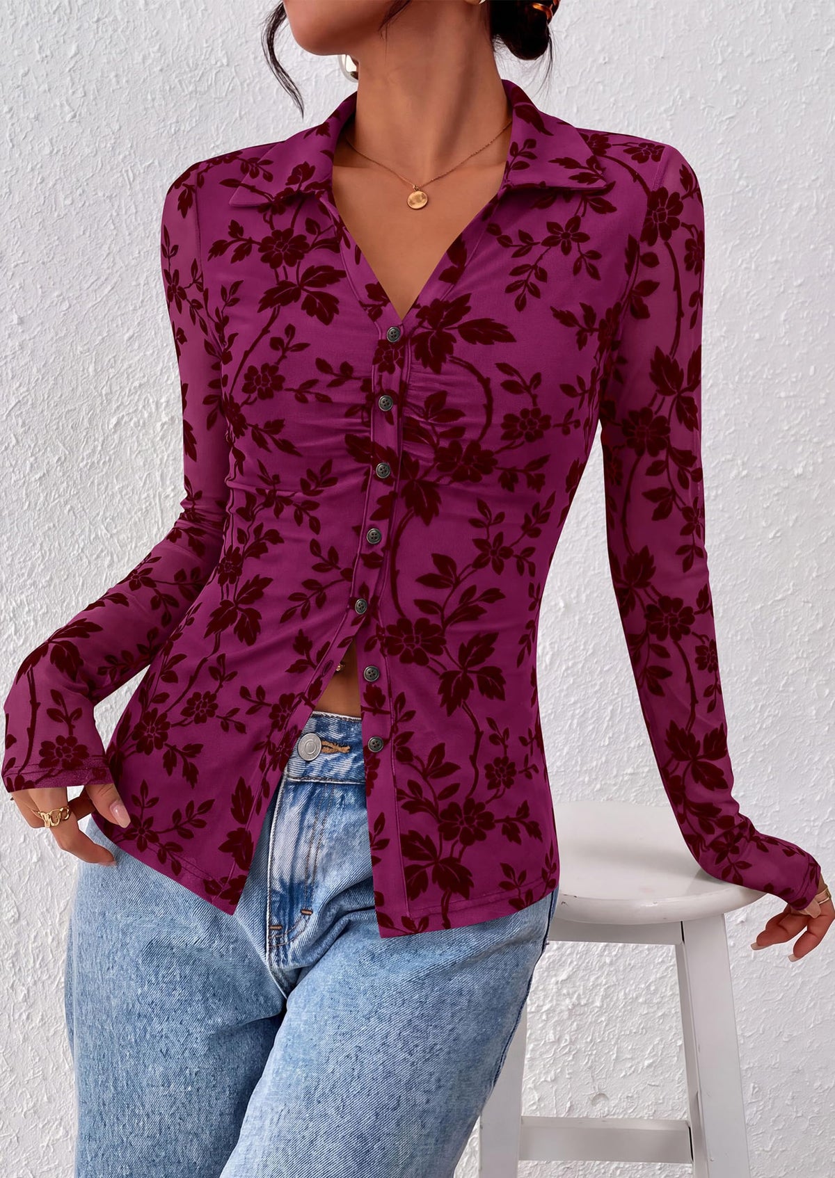 PRETTYGARDEN Women's Long Sleeve Floral Mesh Boho Tops Button Down Shirts Fall Blouses Dressy, Ruched Slim Fit, Collared V Neck, Trendy Going Out Date Night Outfit, Elegant Casual Work Office Clothes