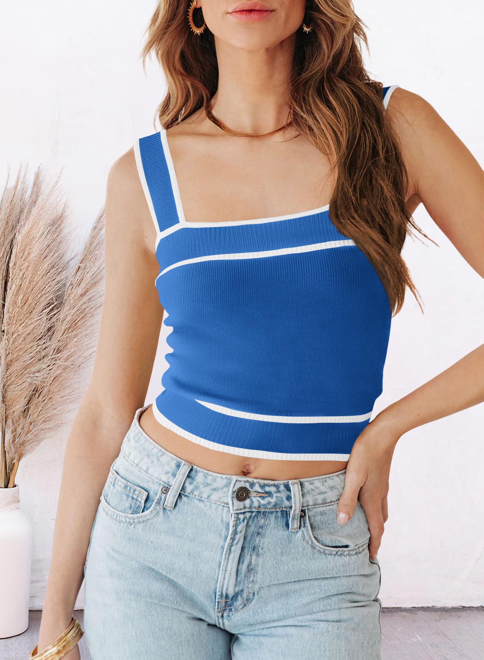 FreshPretty Women's Trendy Summer Square Neck Crop Tank Tops Casual Color Block Knit Sleeveless Slim Fit Y2k Cami Shirts