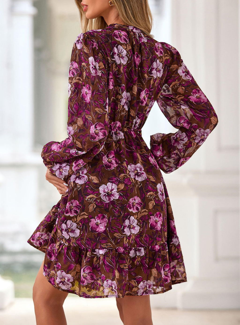 PRETTYGARDEN Women's Fall Boho Dresses  Floral Long Sleeve V Neck Mini Flowy Wedding Guest Dress Trendy Vacation Outfits