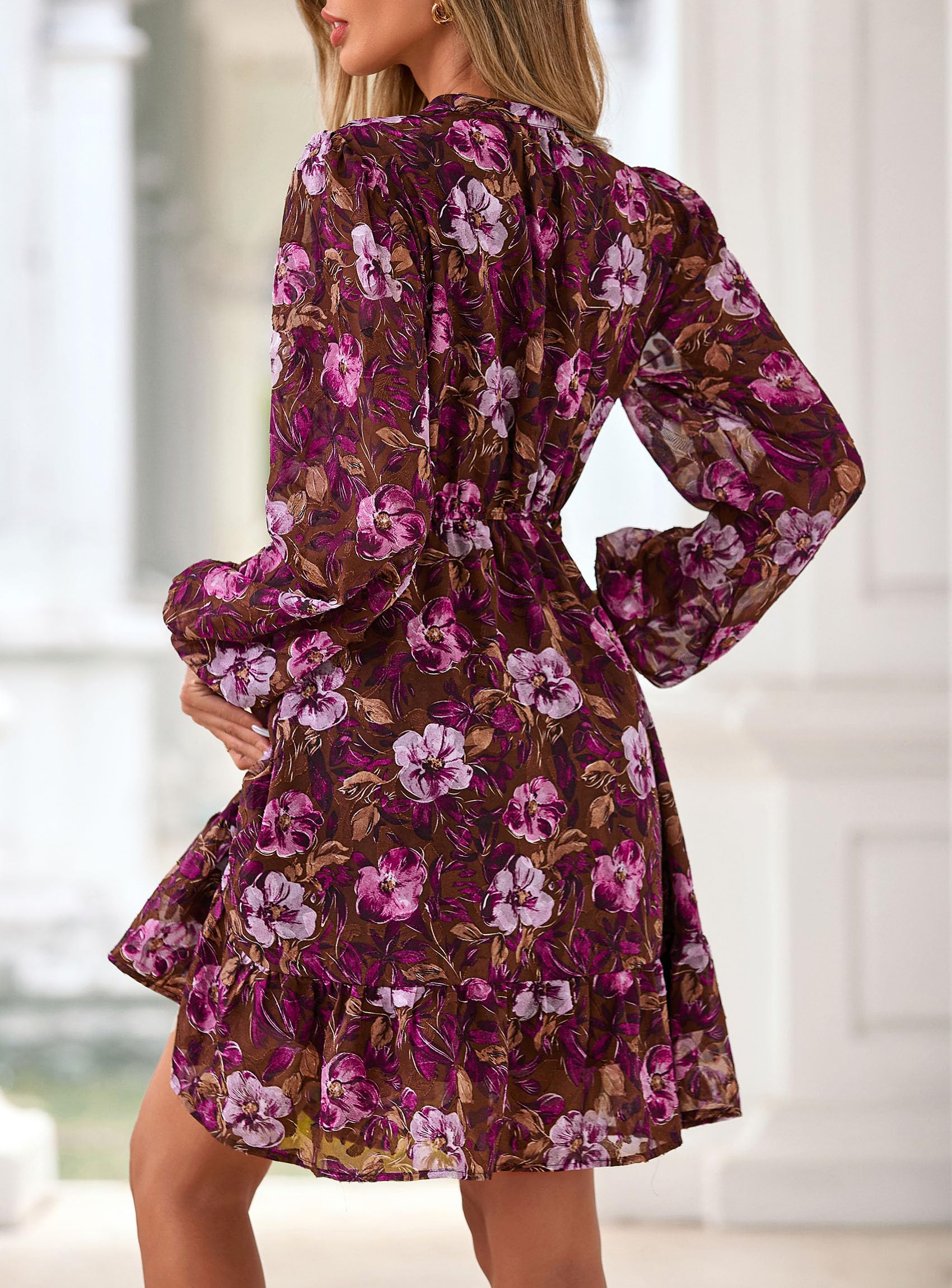 PRETTYGARDEN Women's Fall Boho Dresses  Floral Long Sleeve V Neck Mini Flowy Wedding Guest Dress Trendy Vacation Outfits