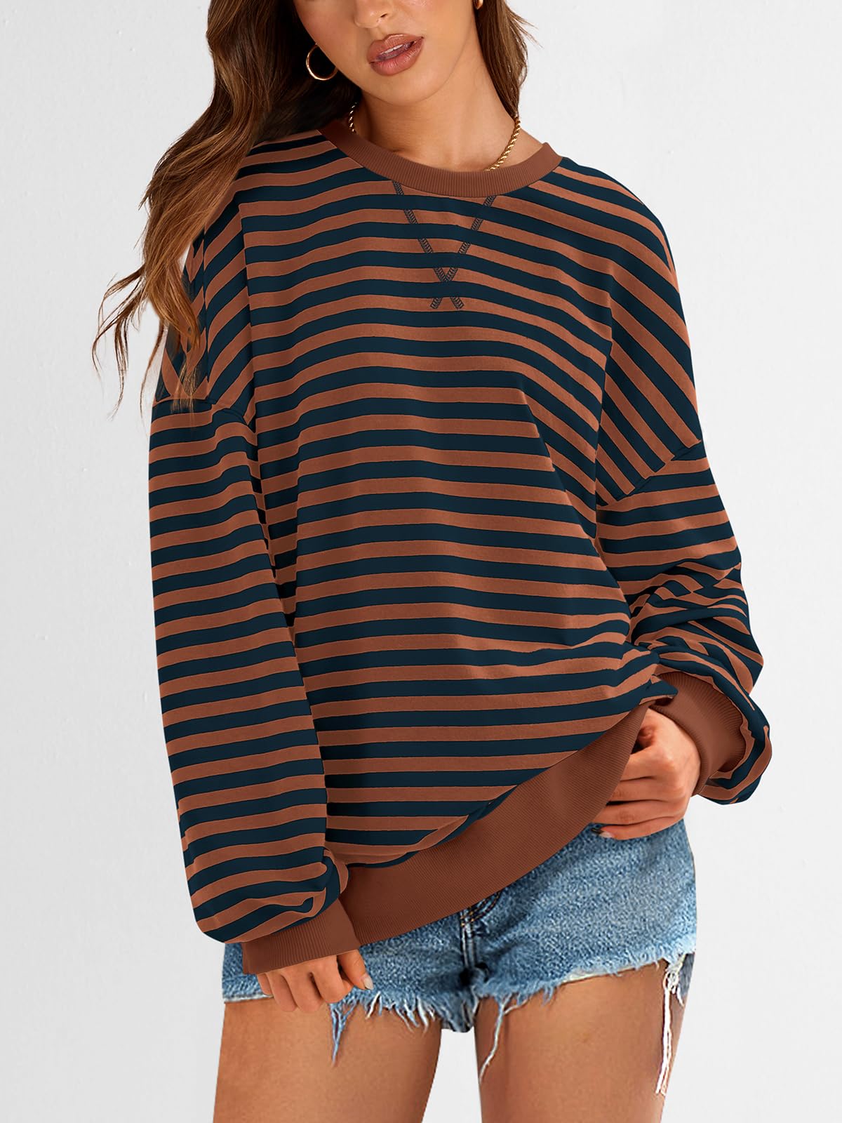 PRETTYGARDEN Womens Striped Oversized Sweatshirt Color Block Crew Neck Long Sleeve Casual Loose Pullover Top Y2K Clothes