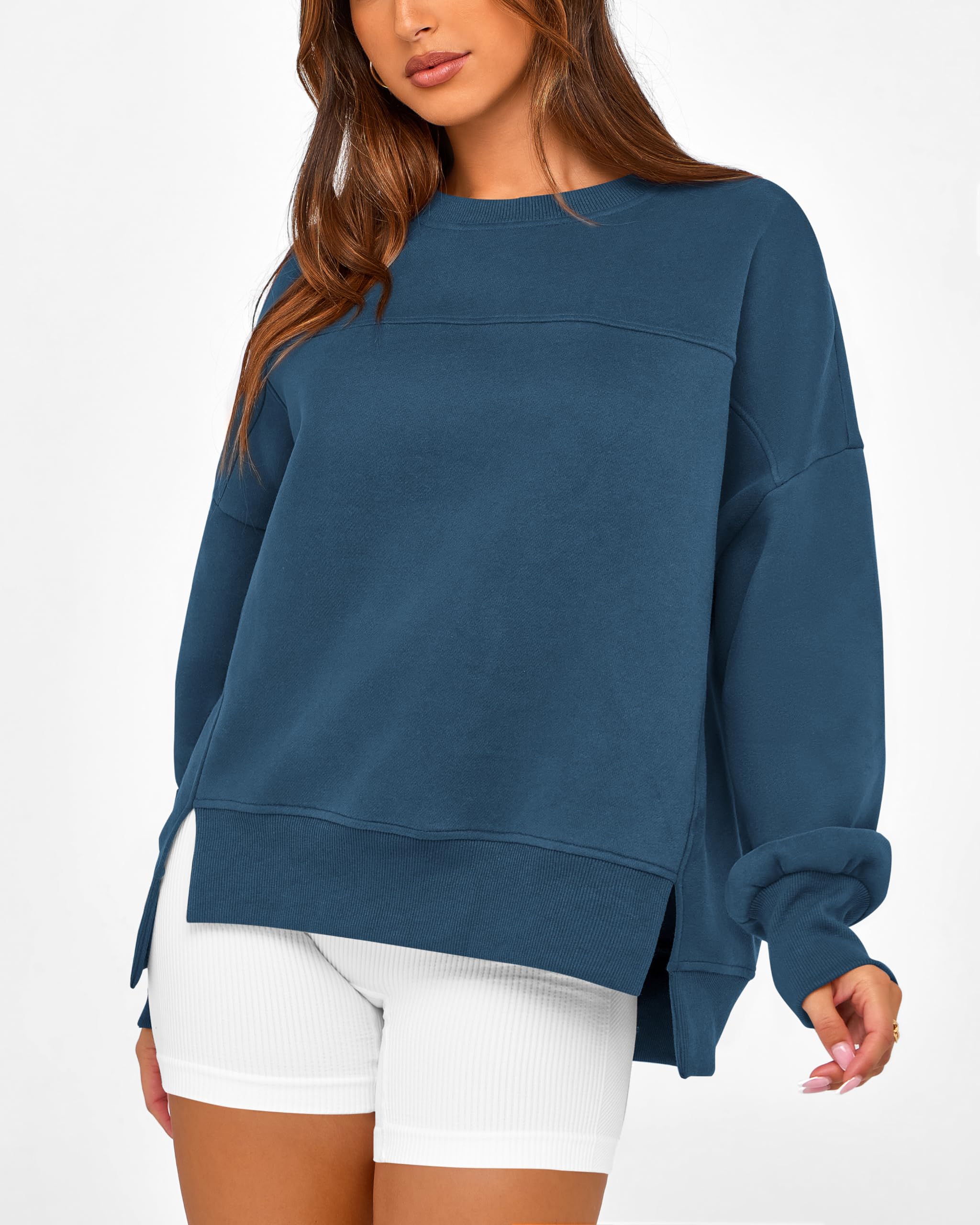 BTFBM Women's Casual Crewneck Sweatshirts Spring Long Sleeve Side Slit Workout Fleece Pullover Top Fashion Clothing