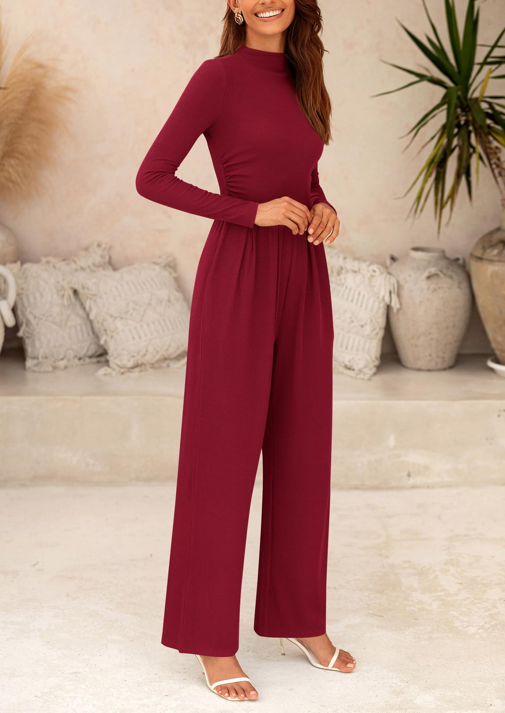 PRETTYGARDEN Womens Jumpsuit Dressy Casual Spring Fall Fashion One Piece Outfits Long Sleeve Mock Neck Wide Leg Pants Rompers