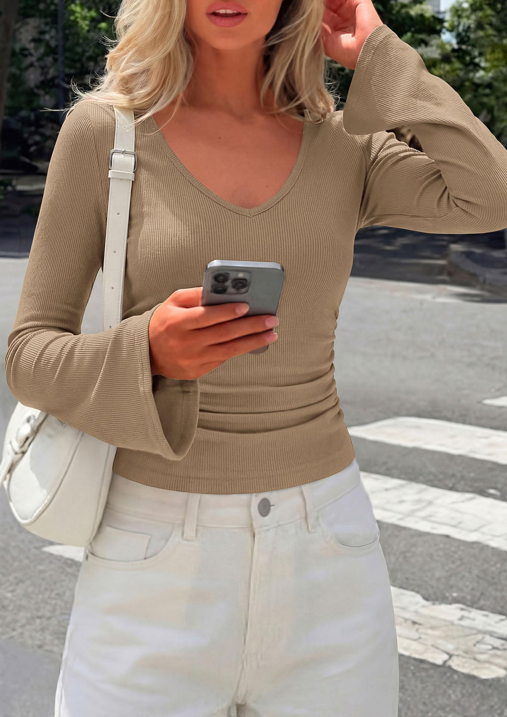 PRETTYGARDEN Women's Fall Trendy Bell Long Sleeve Tops | Soft Stretchy,Ribbed Textured,V Neck,Slim Fitted Shirts,Ruched Basic Tees,Y2K Going Out,Casual Outfits,Fashion Clothing