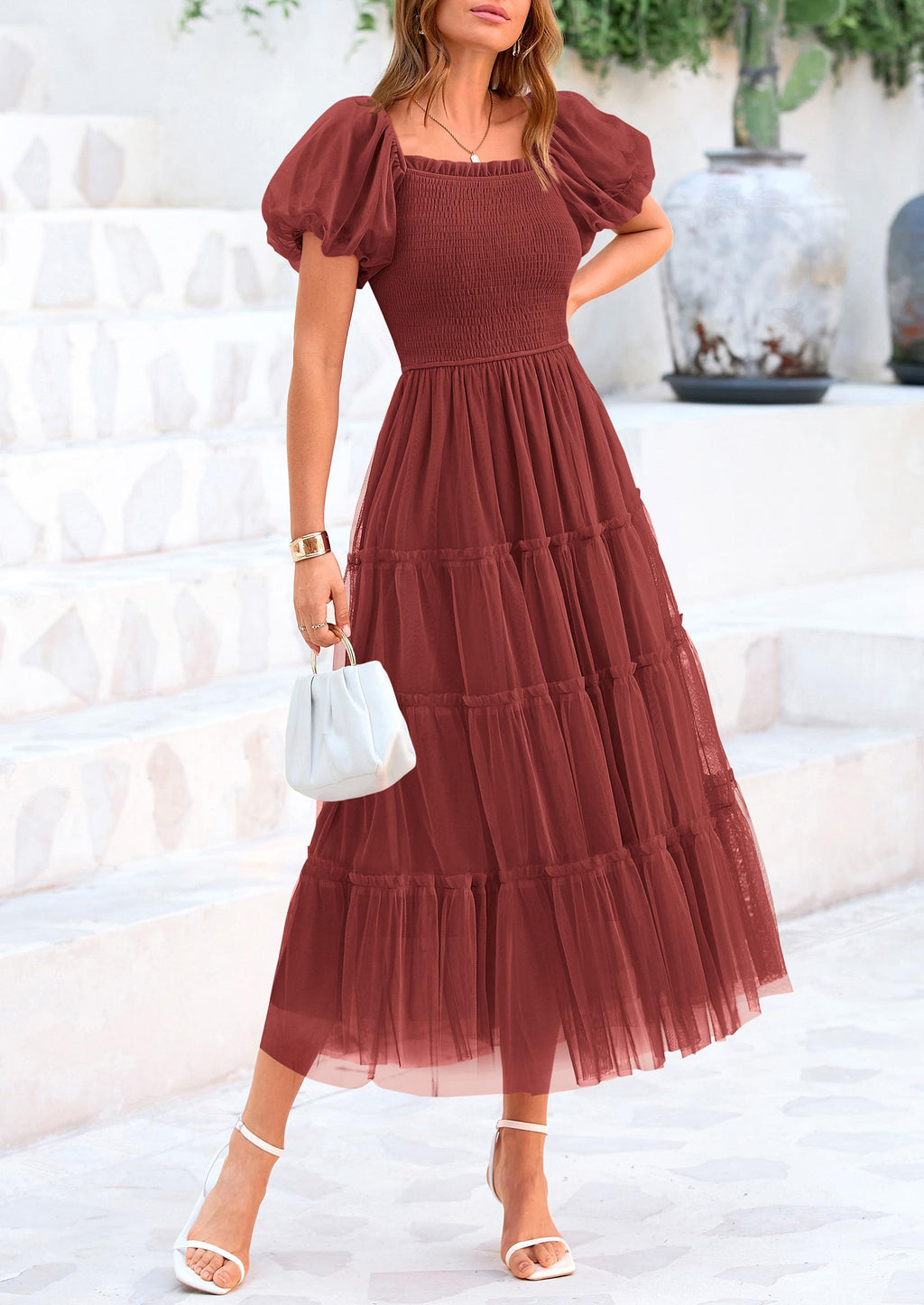 PRETTYGARDEN Women's Smocked Midi Tulle Dress  Summer Puffy Short Sleeve Square Neck Ruffle Wedding Guest Party Dresses