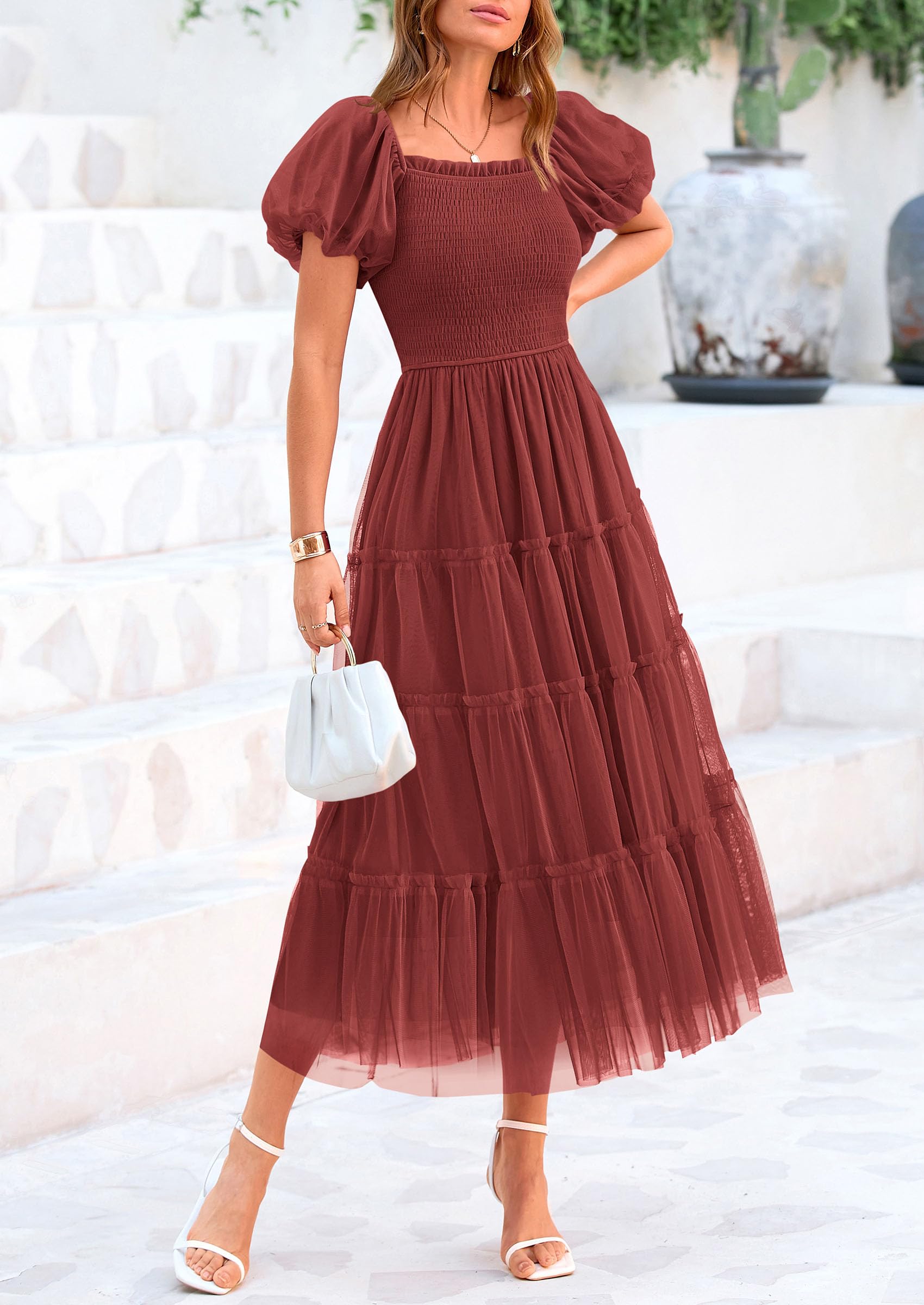 PRETTYGARDEN Women's Smocked Midi Tulle Dress  Summer Puffy Short Sleeve Square Neck Ruffle Wedding Guest Party Dresses