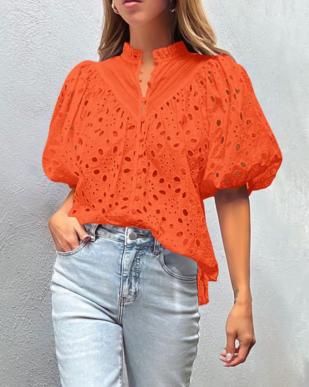 PRETTYGARDEN Women's Summer Tops Dressy Casual Short Sleeve V Neck Buttons Hollow Out Lace Embroidered Blouses Shirts