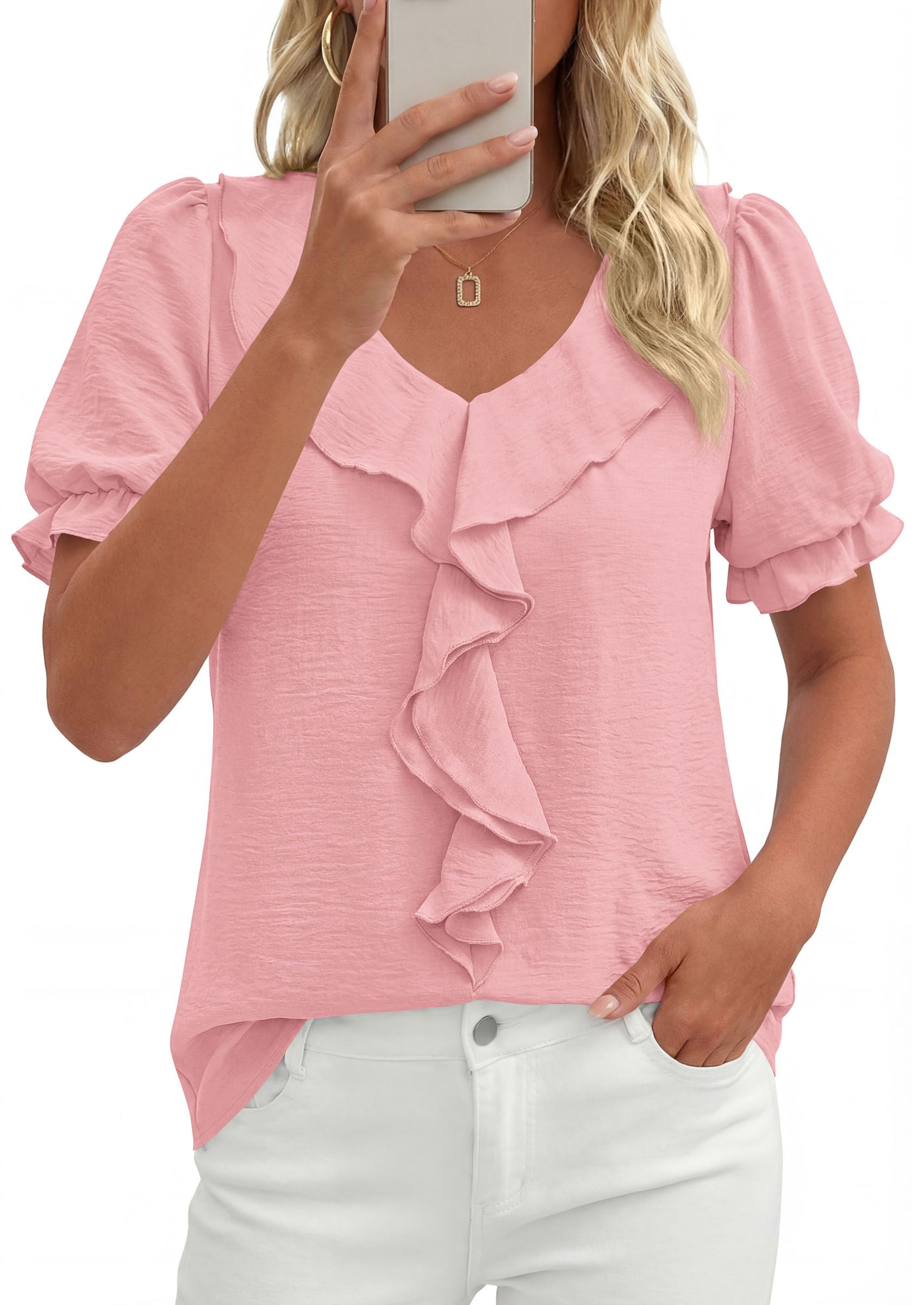 PRETTYGARDEN Women's Summer Dressy Casual Blouses Short Sleeve V Neck Ruffle Business Work Tops Trendy Spring Outfits
