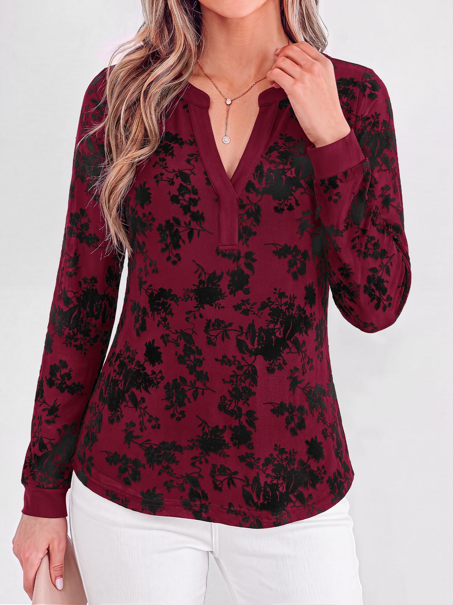 BTFBM Womens Tops Floral Sheer Mesh Long Sleeve Blouses Dressy Casual V Neck Flocked Mesh Shirts,Velvet-Like Flowers,Double Layered,Loose Fit Tunics,Business Casual Top,Fall Fashion Clothing