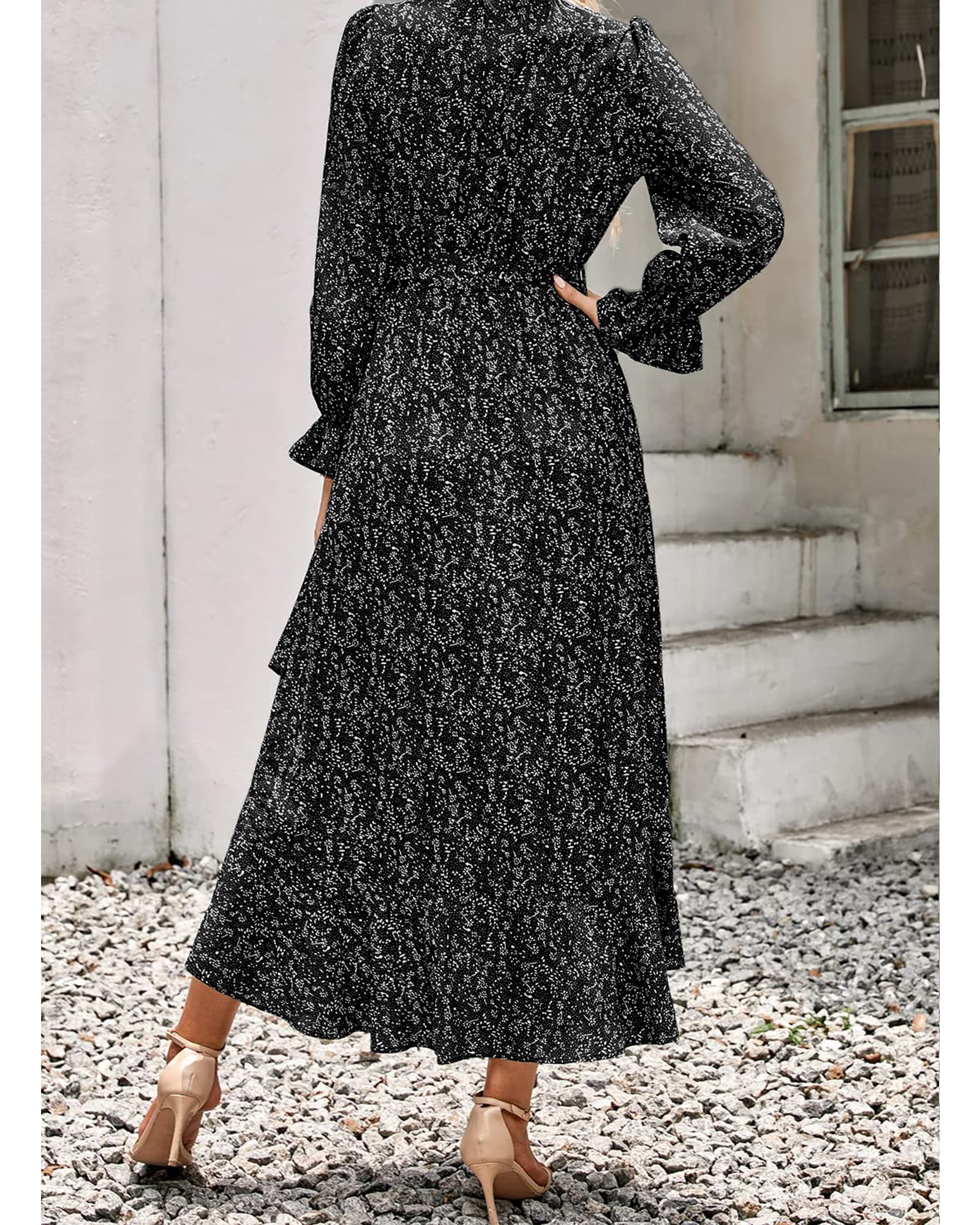 BTFBM Womens Dresses Summer V Neck Floral High Waist Ruffle Wedding Guest Cocktail Boho Spring Long Sleeve Dress