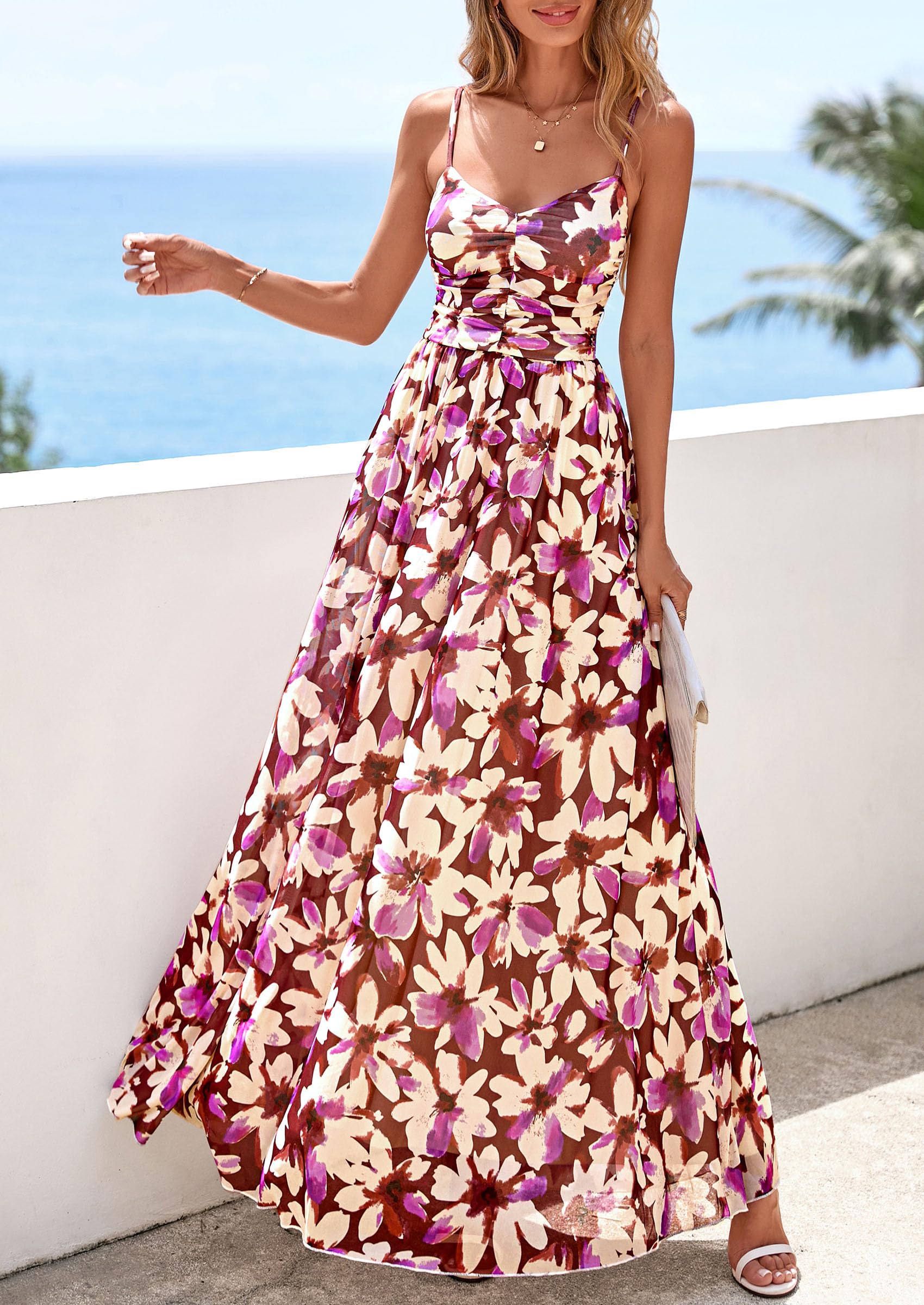 PRETTYGARDEN Women Summer Floral Maxi Dress Spirng Spaghetti Strap Mesh Boho Sundress Party Beach Vacation Long Dresses