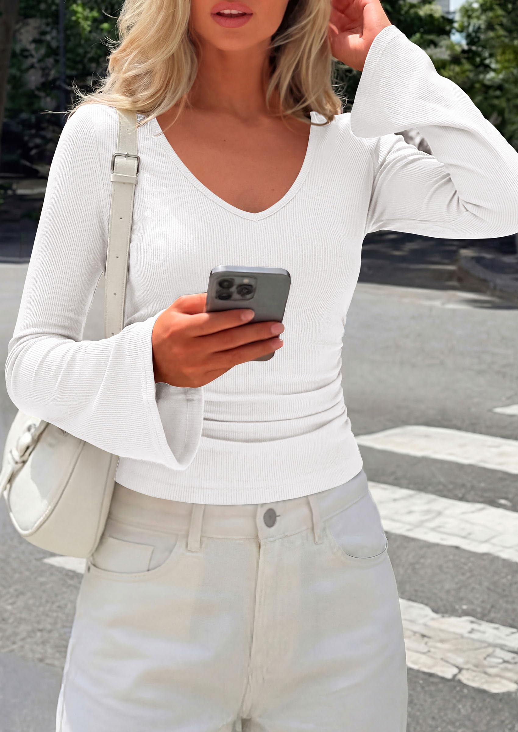 PRETTYGARDEN Women's Fall Trendy Bell Long Sleeve Tops | Soft Stretchy,Ribbed Textured,V Neck,Slim Fitted Shirts,Ruched Basic Tees,Y2K Going Out,Casual Outfits,Fashion Clothing