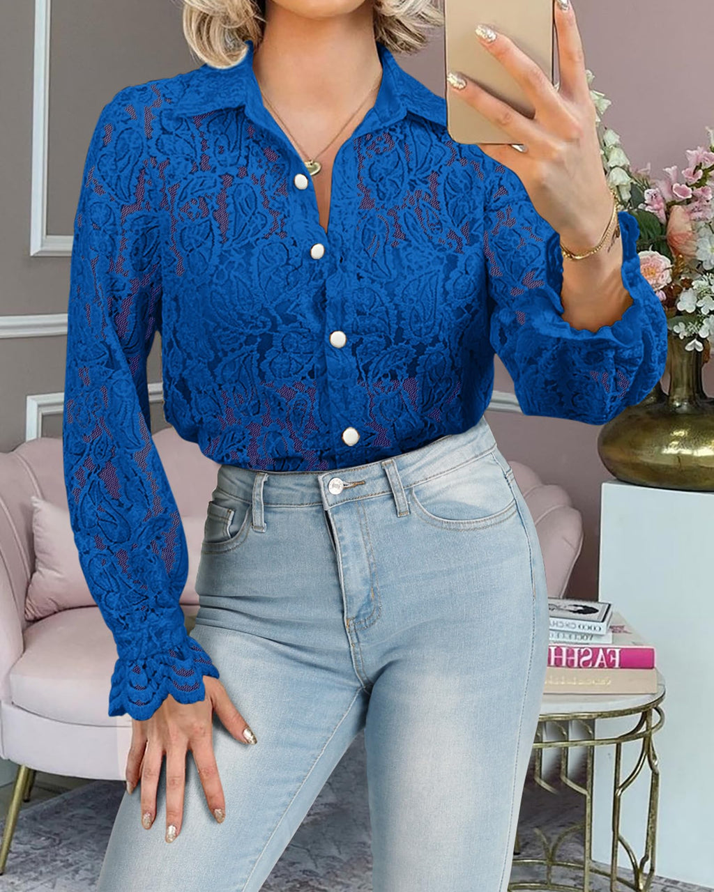FreshPretty Long Sleeve Lace Blouses for Women Spring Dressy Casual Button Down Shirts Date Night Outfit Club Party Tops