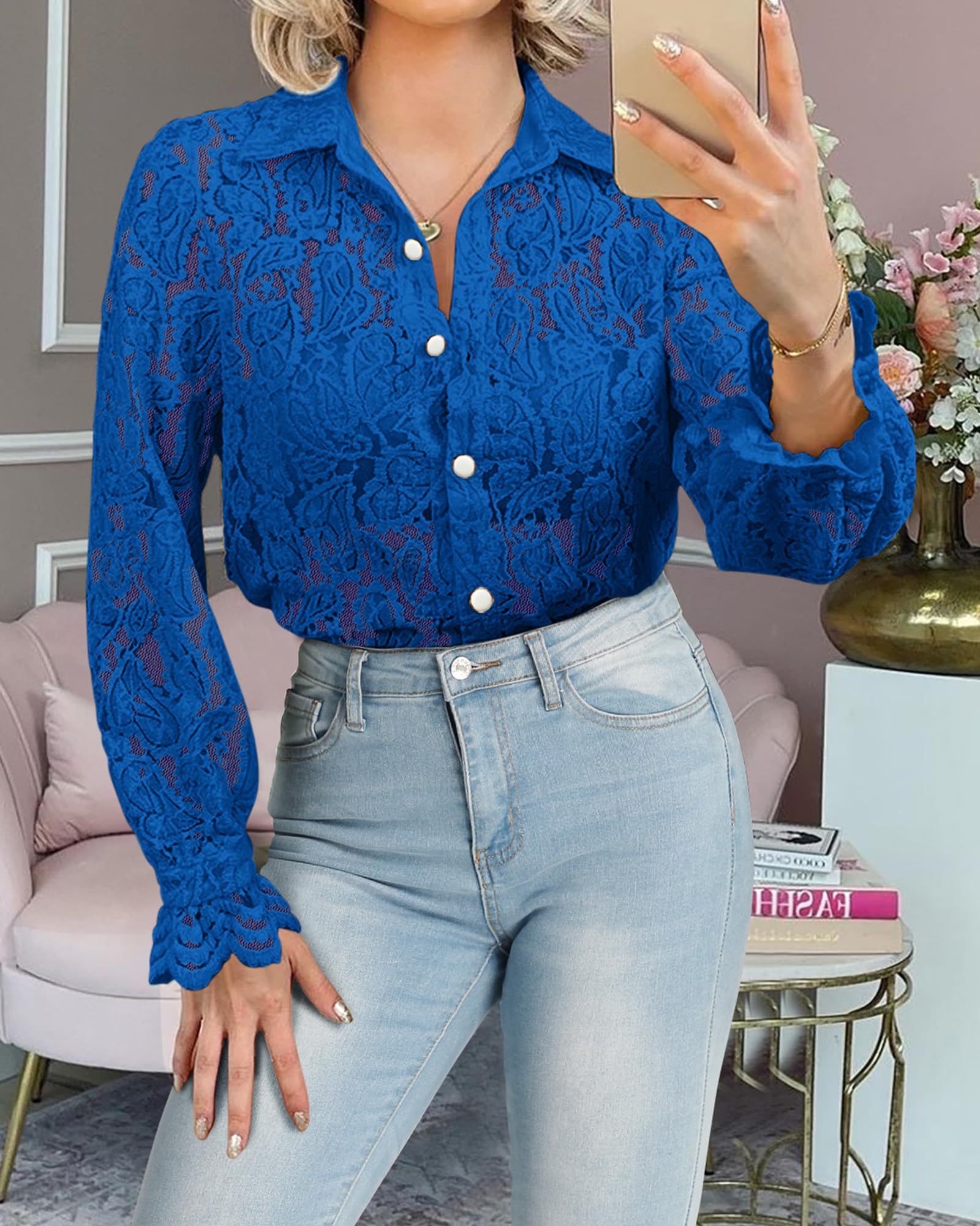 FreshPretty Long Sleeve Lace Blouses for Women Spring Dressy Casual Button Down Shirts Date Night Outfit Club Party Tops