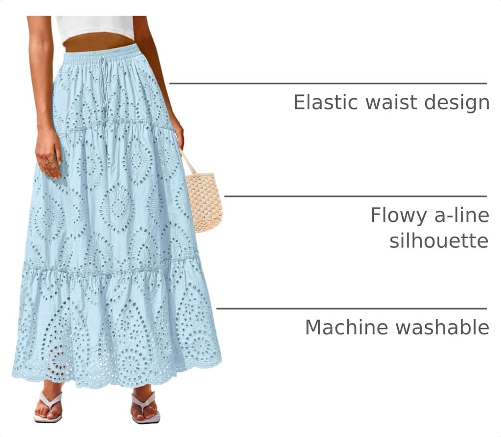 BTFBM Long Skirts for Women Summer Boho Lace Embroidery High Waist Flowy Tiered Spring Maxi Skirt Beach Vacation