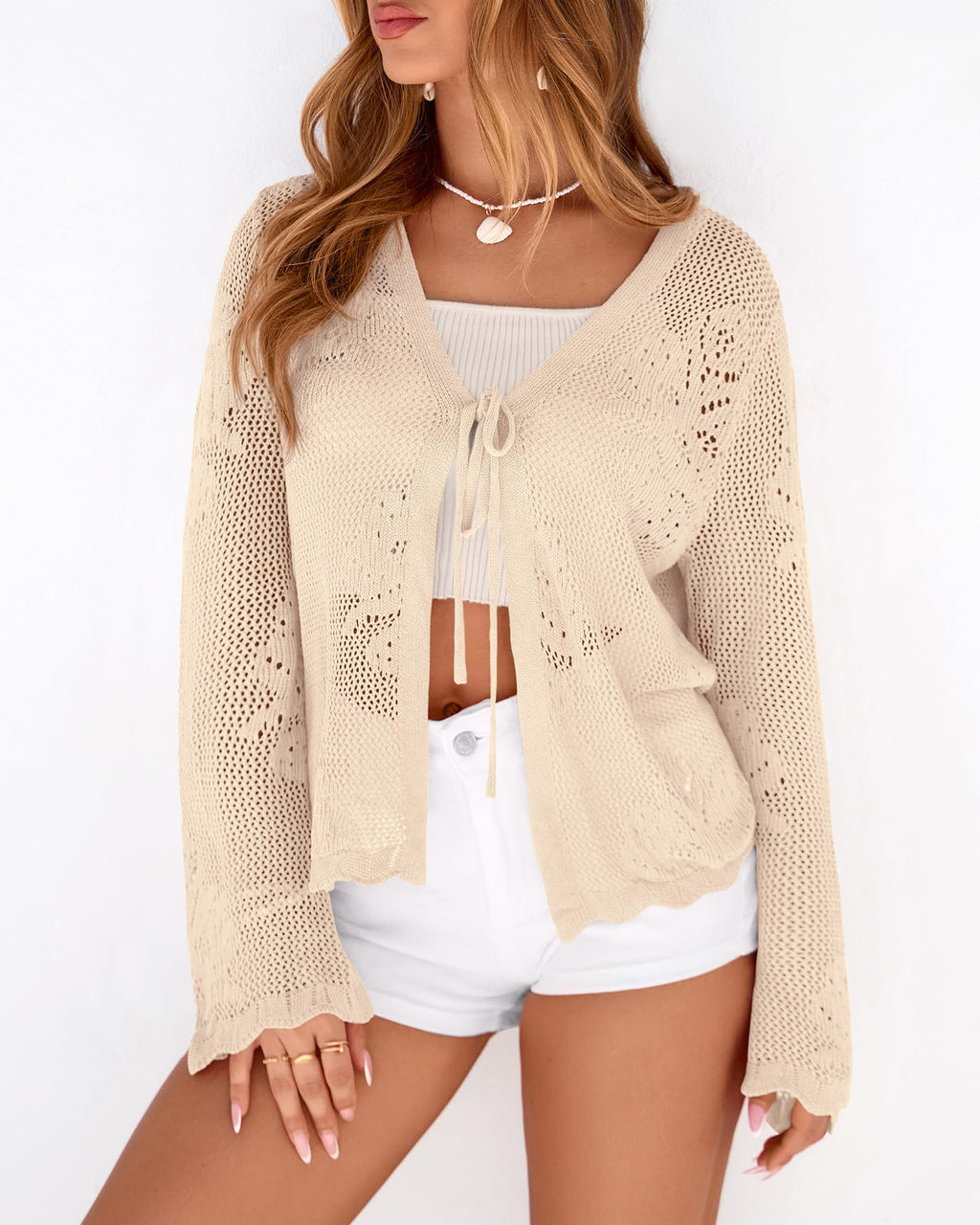 FreshPretty Summer Cardigans for Women Lightweight Spring Crochet Mesh Long Sleeve Tie Front Knit Beach Vacation Outfits