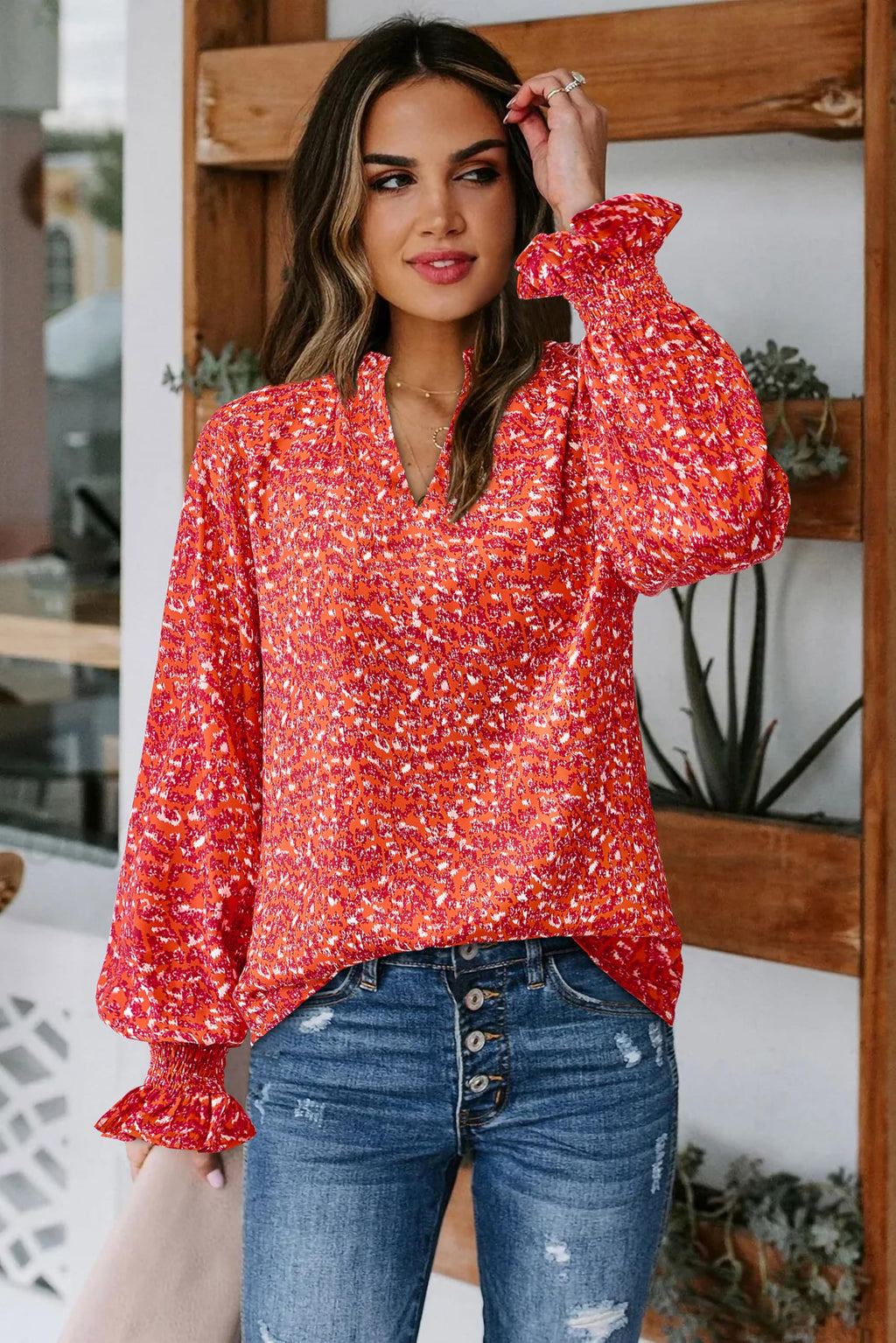 FreshPretty Womens V Neck Floral Long Sleeve Tops Summer Casual Loose Puff Sleeve Chiffon Boho Work Blouse Dressy T Shirts