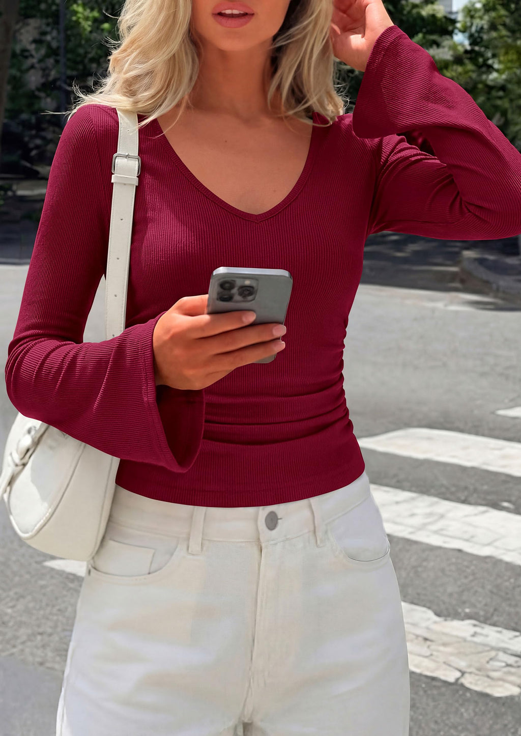 PRETTYGARDEN Women's Fall Trendy Bell Long Sleeve Tops | Soft Stretchy,Ribbed Textured,V Neck,Slim Fitted Shirts,Ruched Basic Tees,Y2K Going Out,Casual Outfits,Fashion Clothing