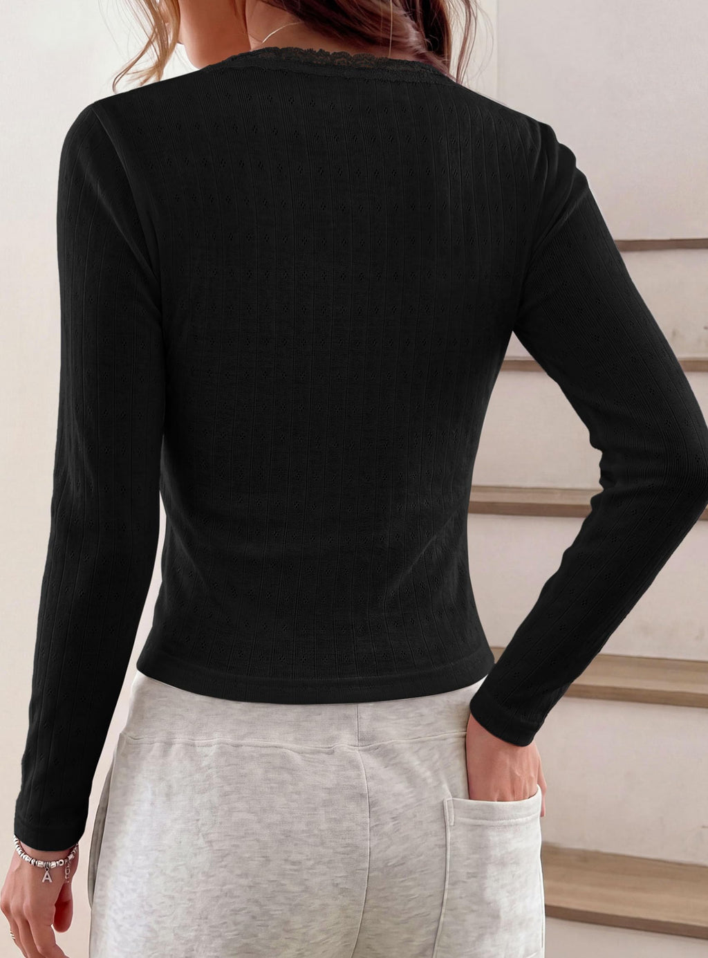 PRETTYGARDEN Womens Long Sleeve Henley Shirts Going Out Tops Lace Trim Square Neck, Slim Fitted Basic Tees, Soft Comfy Jacquard Fabric, Casual Wear, Fall Outfits, Y2K Fashion Clothing