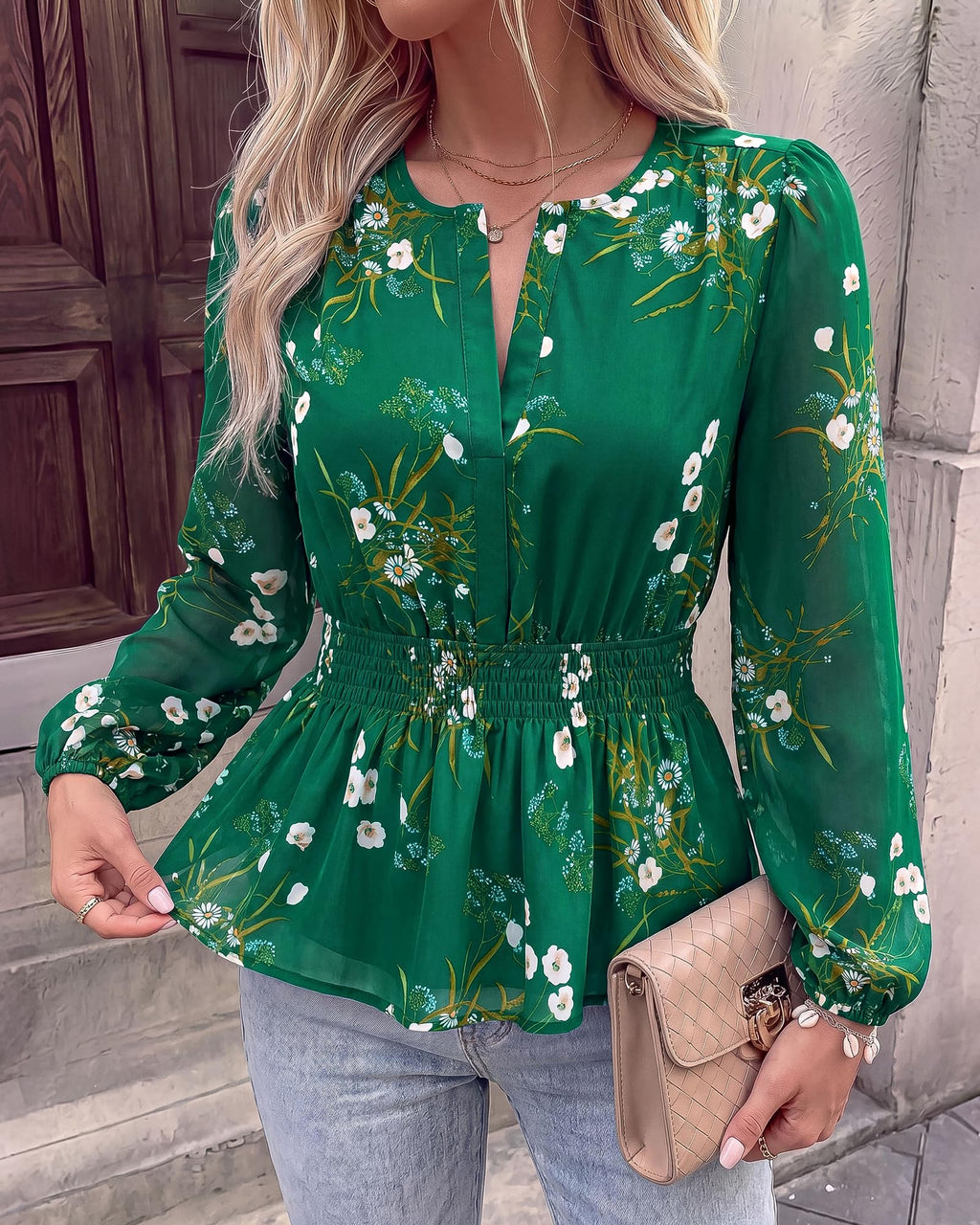 BTFBM Womens Tops Dressy Casual Floral V Neck Long Sleeve Chiffon Shirts | Chiffon Lantern Sleeve Flowy Peplum Sheer Top,Elastic Waist Babydoll Blouses,Boho Vacation Outfits,Fall Fashion Clothing