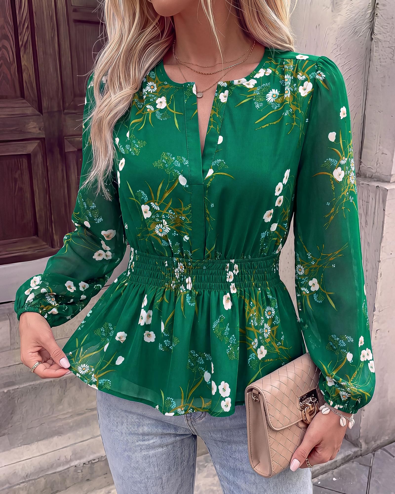 BTFBM Womens Tops Dressy Casual Floral V Neck Long Sleeve Chiffon Shirts | Chiffon Lantern Sleeve Flowy Peplum Sheer Top,Elastic Waist Babydoll Blouses,Boho Vacation Outfits,Fall Fashion Clothing