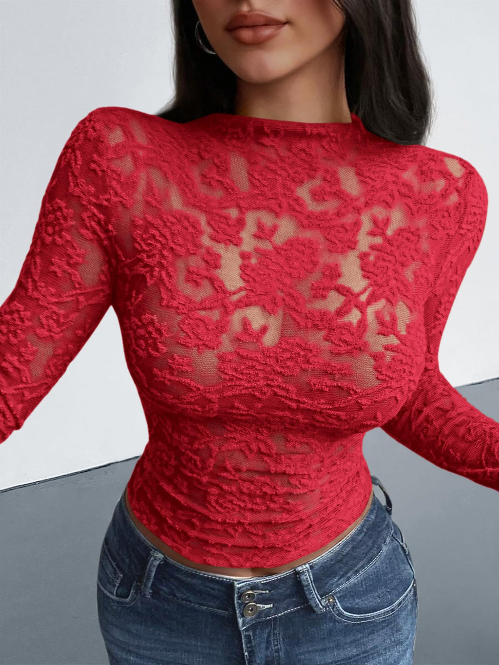 BTFBM Mesh Long Sleeve Tops for Women Lace Sheer Tight See Through Crew Neck Spring Fall Party Club Outfits