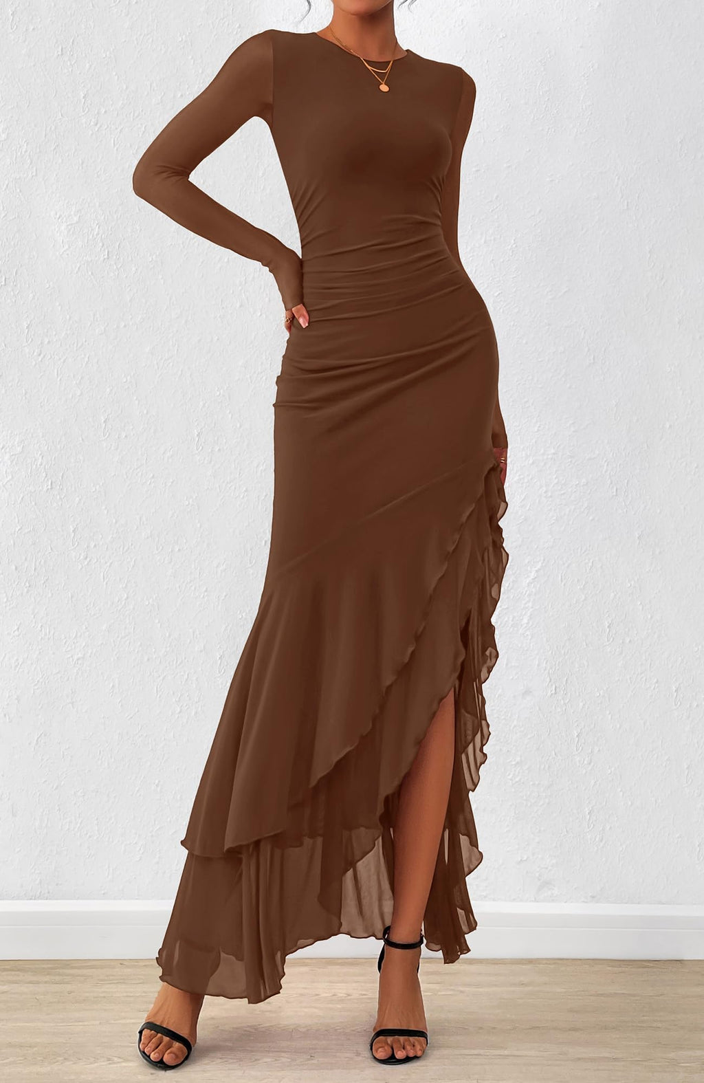 BTFBM Women's Maxi Dresses Fall Long Sleeve Wedding Guest Dress Mesh,Ruched,Bodycon,High Split,Solid Color,Ruffle, Mermaid,Cocktail Dresses,Prom,Party,Homecoming Dress,Fall Outfits