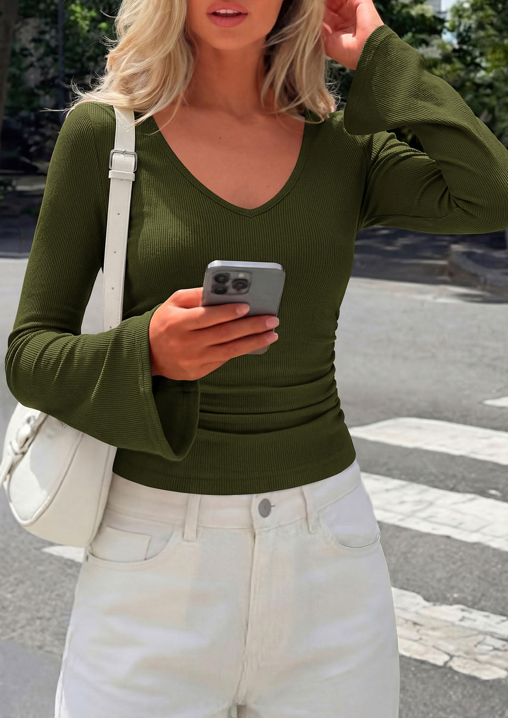 PRETTYGARDEN Women's Fall Trendy Bell Long Sleeve Tops | Soft Stretchy,Ribbed Textured,V Neck,Slim Fitted Shirts,Ruched Basic Tees,Y2K Going Out,Casual Outfits,Fashion Clothing