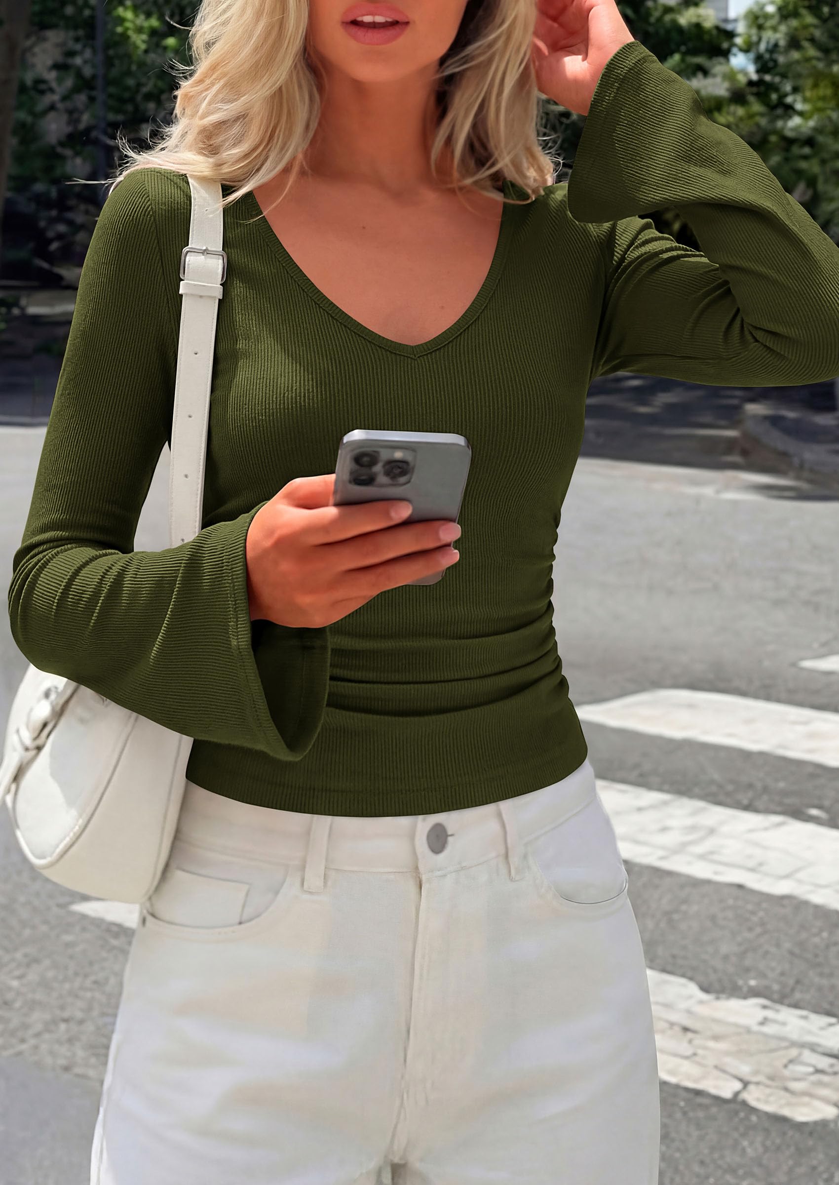 PRETTYGARDEN Women's Fall Trendy Bell Long Sleeve Tops | Soft Stretchy,Ribbed Textured,V Neck,Slim Fitted Shirts,Ruched Basic Tees,Y2K Going Out,Casual Outfits,Fashion Clothing