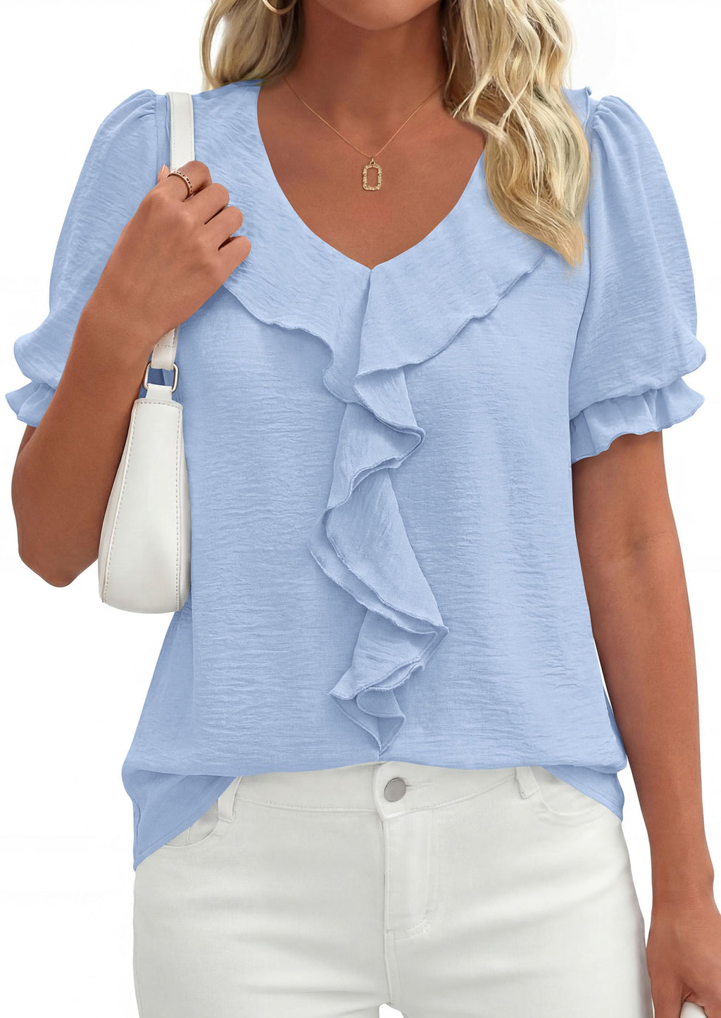 PRETTYGARDEN Women's Summer Dressy Casual Blouses Short Sleeve V Neck Ruffle Business Work Tops Trendy Spring Outfits